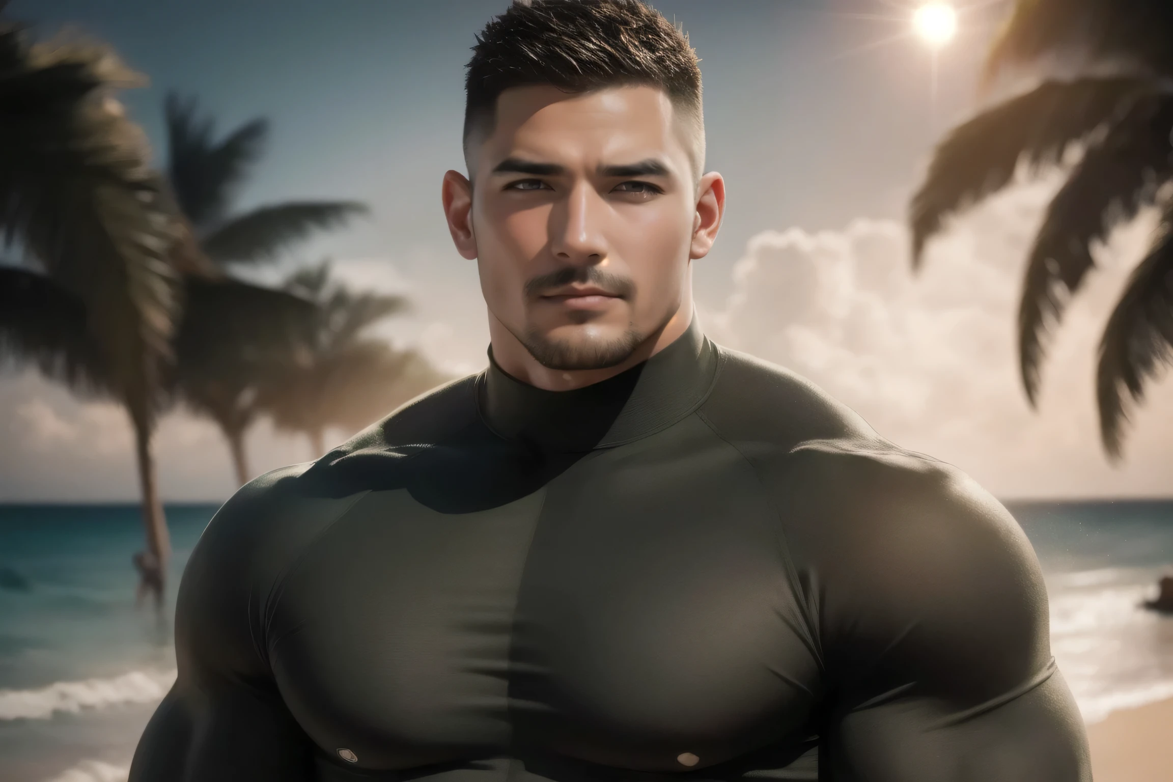 male, (standing close to total solar eclipse), landscape, huge sun total solar eclipse background, elegant, wearing suit, tight clothes, open clothes, unzipped, blush, masterpiece, best quality, detailed background, depth of field, intricate details, (muscular), (large pectorals), (puffy nipples),