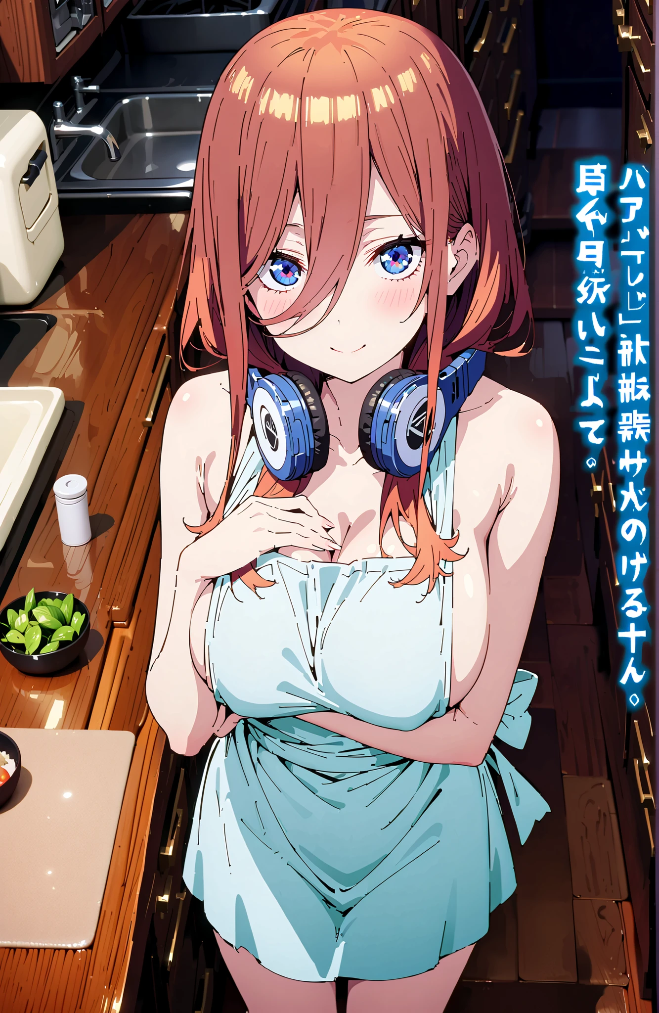 Nakano Nakano Miku, bungs, blue eyes, brown hair, shirt,  o, Big Breasts,headphones , headphones  around neck, long hair,side boob,cleavage,naked apron,Bare legs,Cross your arms and lift your chest,smile,cover,close your mouth,narrows her eyes,,standing,full bodyがillustrationsに入るように,break indoors,kitchen,
break looking at viewer,full body,
break (masterpiece:1.2), Best Quality, high resolution, Unity 8k 壁紙, (illustrations:0.8), (beautiful detailed eyes:1.6), very detailed face,  perfect lighting on the table, extremely detailed CG, (perfect hand, Perfect Anatomy),