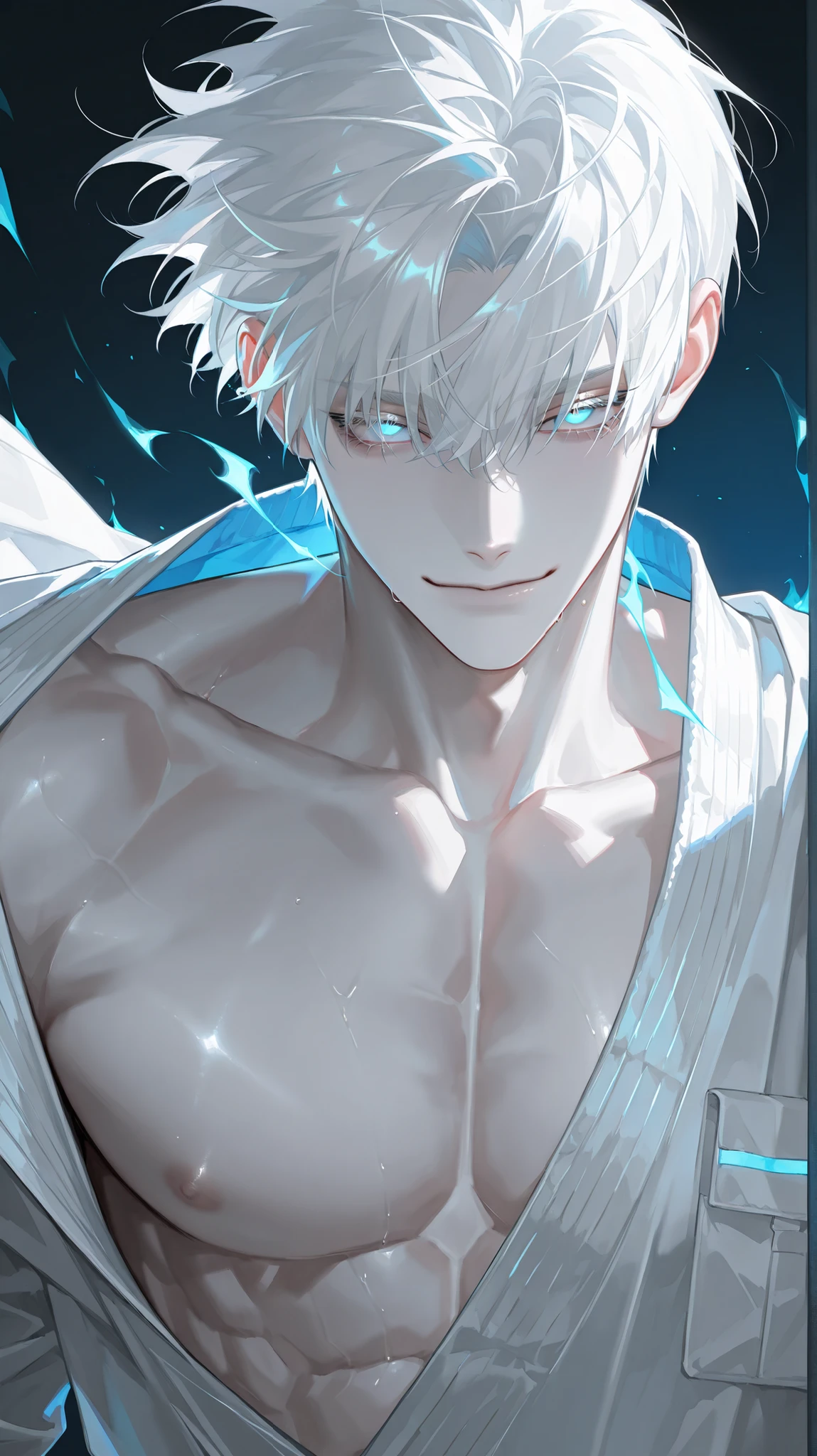 1 man,pale skin, Muscular,manly,handsome, sensual, blue eyes, sharp and cold eyes, eyelashs, soft glowing eyes, white hair, short hair,bang, curtained bang, half bang, slightly smile,white mechanic costume,Motorsports