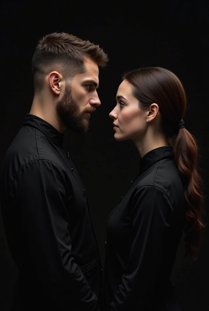 They look at each other, posing for a photo, elegant couple, Portrait of a married couple, Portrait of a married couple, inspired Dmitry Manassiev Mekhandzhiysky, Dmitry Manassiev Mekhandzhiysky, wear elegant jewelry, portrait of two people, side portrait images, photoshoot, photo from promo shoot, elegant pose in profile, photoshoot