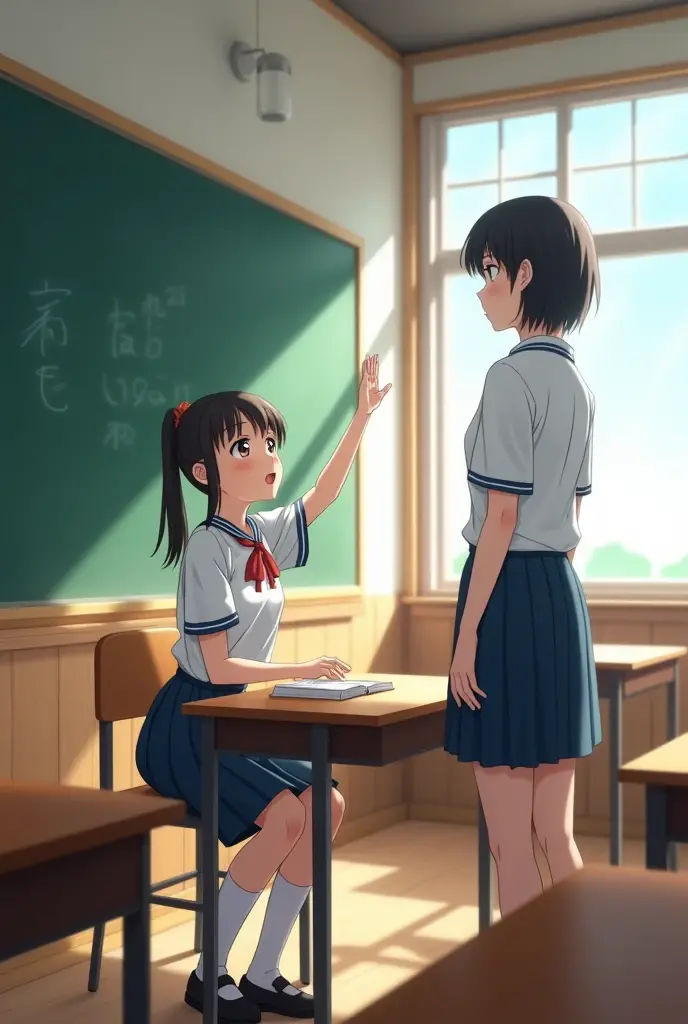 student raises her hand and asks the teacher something,アニメ
