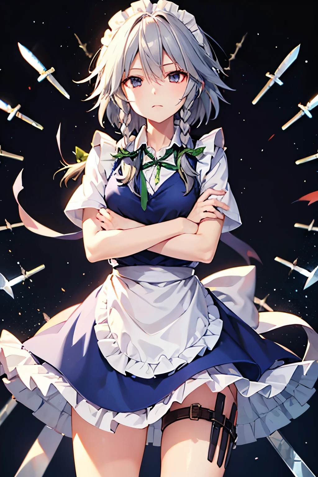 Sakuya,expressionless,Calm,thigh((knife holder)),crosses arms,high resolution
