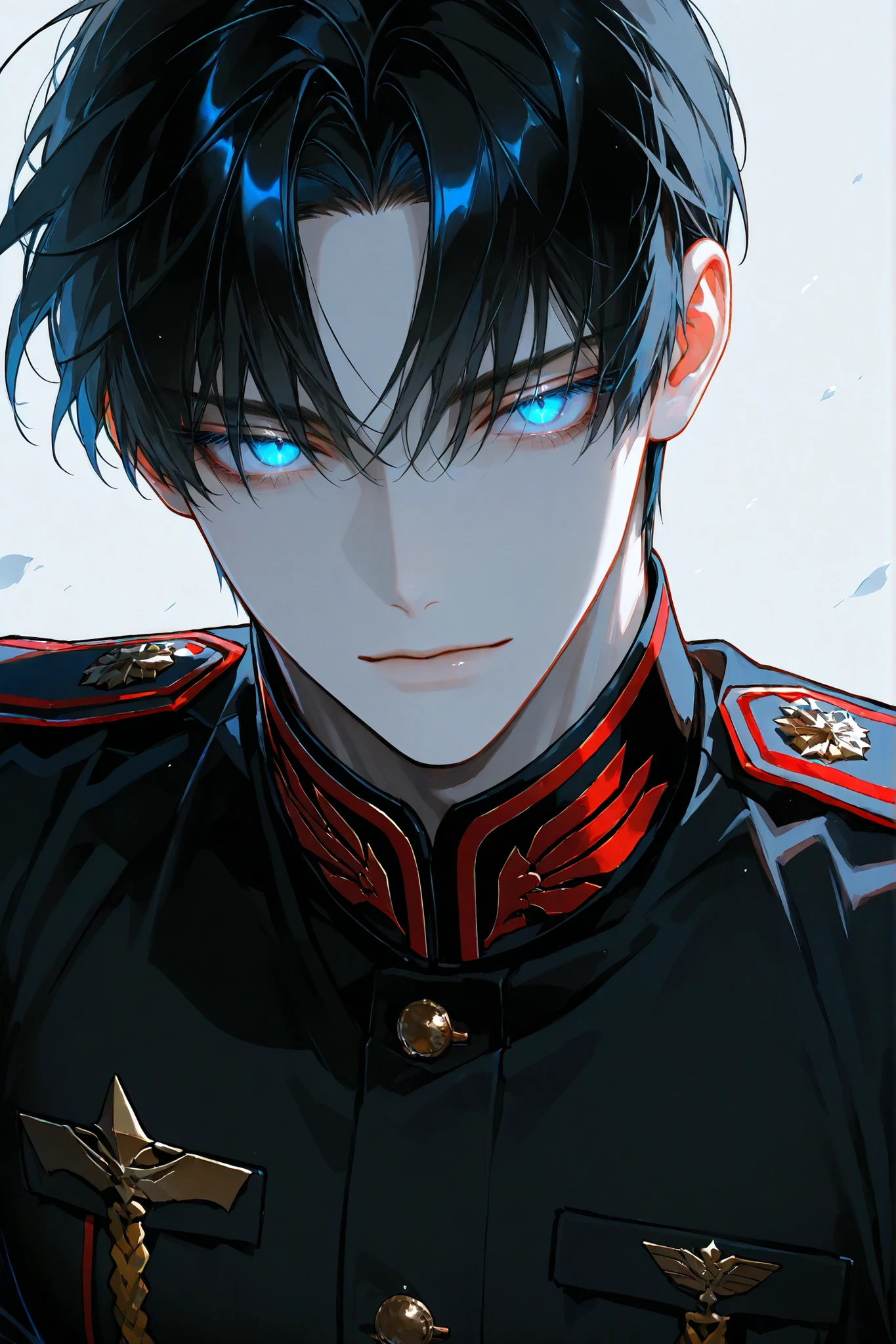 1 man , pale skin , Muscular , manly , handsome , sensual , blue eyes , sharp and cold eyes , eyelashs , soft glowing eyes , black hair , short hair , bang , curtained bang , half bang , emotionless , military costume , Viewer , close-up , sexy expression ,