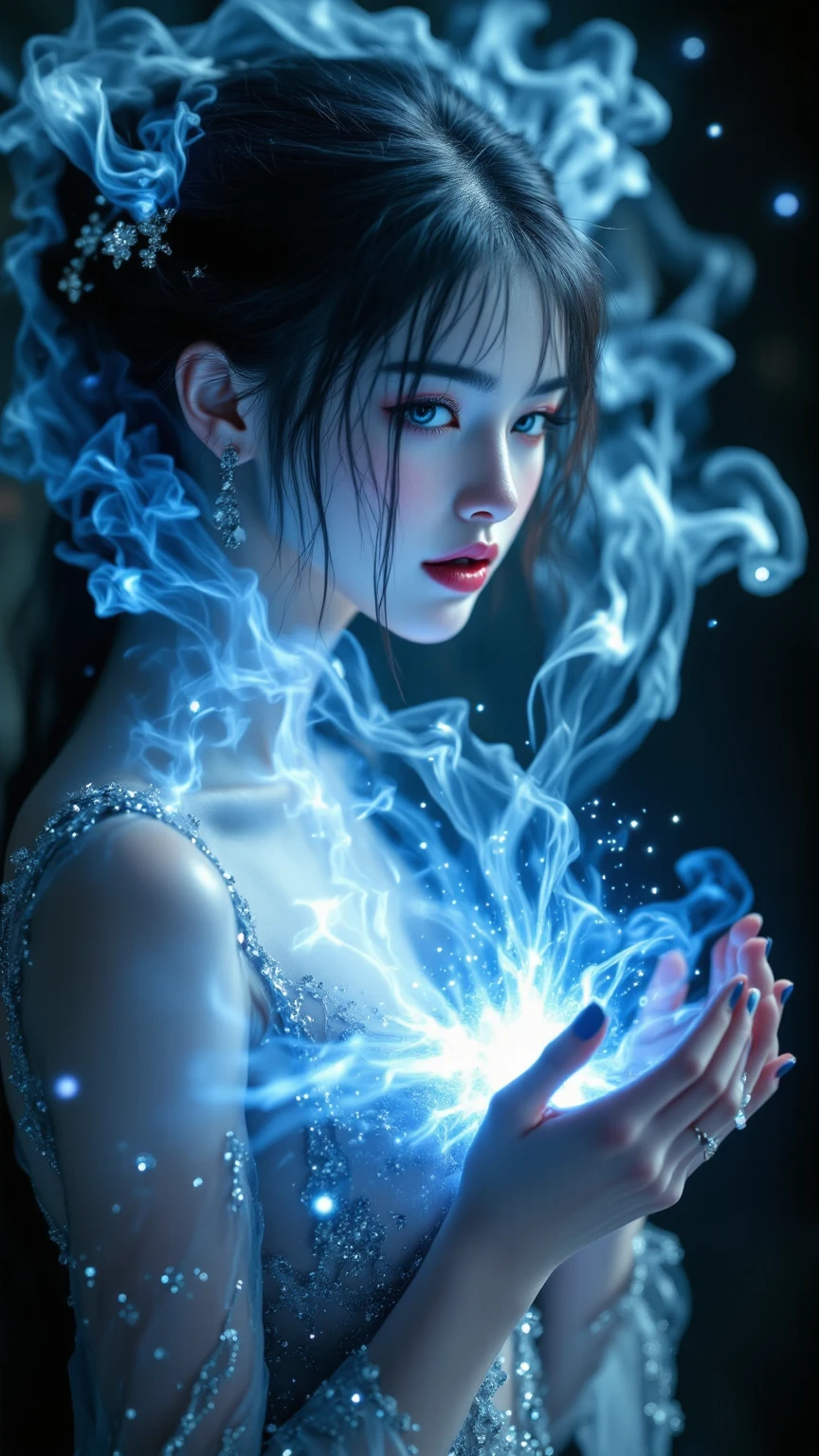 (32K:1.9, Highest quality, masterpiece, Ultra-high resolution), Magical World, Perfect dynamic composition, mysterious:1.3, Highly detailed skin and facial textures:1.3, Cute and sexy slim female mage, beautifully、aesthetic, Cute and sexy beauty, Perfect Style, Wear an exquisite ring, Striking a spell-casting pose:1.3, Wind, thunder, ice, haze, fire, water, Medlore, Fair skin, Very beautiful face, (Mid-chest, Chest gap), (Embarrassed smile, Her facial expression when she felt intense caressing, Facial expressions when feeling happy), (How to correctly put on a sexy mage costume over the shoulders), (Beautiful Blue Eyes, Beautiful erotic eyes:0.8), (Too erotic:0.9, Fascinating:0.9), Full Body Shot, Earrings, necklace, bracelet, Sensual sitting position, (romantic, dramatic, mysterious), Object of admiration, format, artistic, Innovative, attractive, Stimulate the, Extreme, Tilt, ((Adult charm, Feminine charm, Windになびく髪))