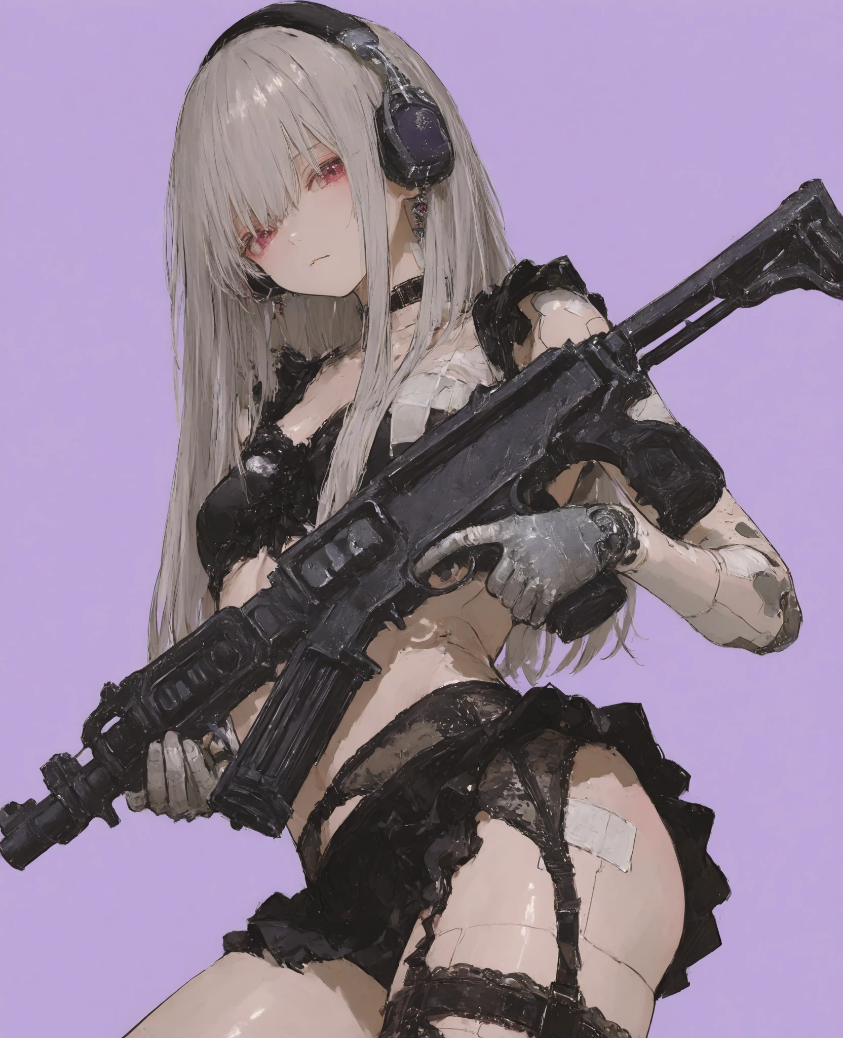 ((best quality)), ((masterpiece)), ((extremely detailed)), (perfect composition), (perfect anatomy), illustration, high-res, realistic, [clean and clean], prefect lighting, dynamicangle, 1girl, HK416, sole, full body, uniform, matured, Emilia re:zero, purple eyes, Emilia, crown braid, x hair ornament, flower hair ornament, white hair, long hair, medium breasts, teardrop, thighhighs, [spread legs], (minigirl:1.3), (holding a rifle), medium breasts, parted lips, enchanting expressionless, underboob, skirt, gloves, (pure white panties, see-through:1.1), facial mark, hair ornament, jacket, plaid, beret, plaid skirt, holster, teardrop, long eyebrows, oval beautiful eyeballs, (Detailed eyes description), look into the distance, nature. 
