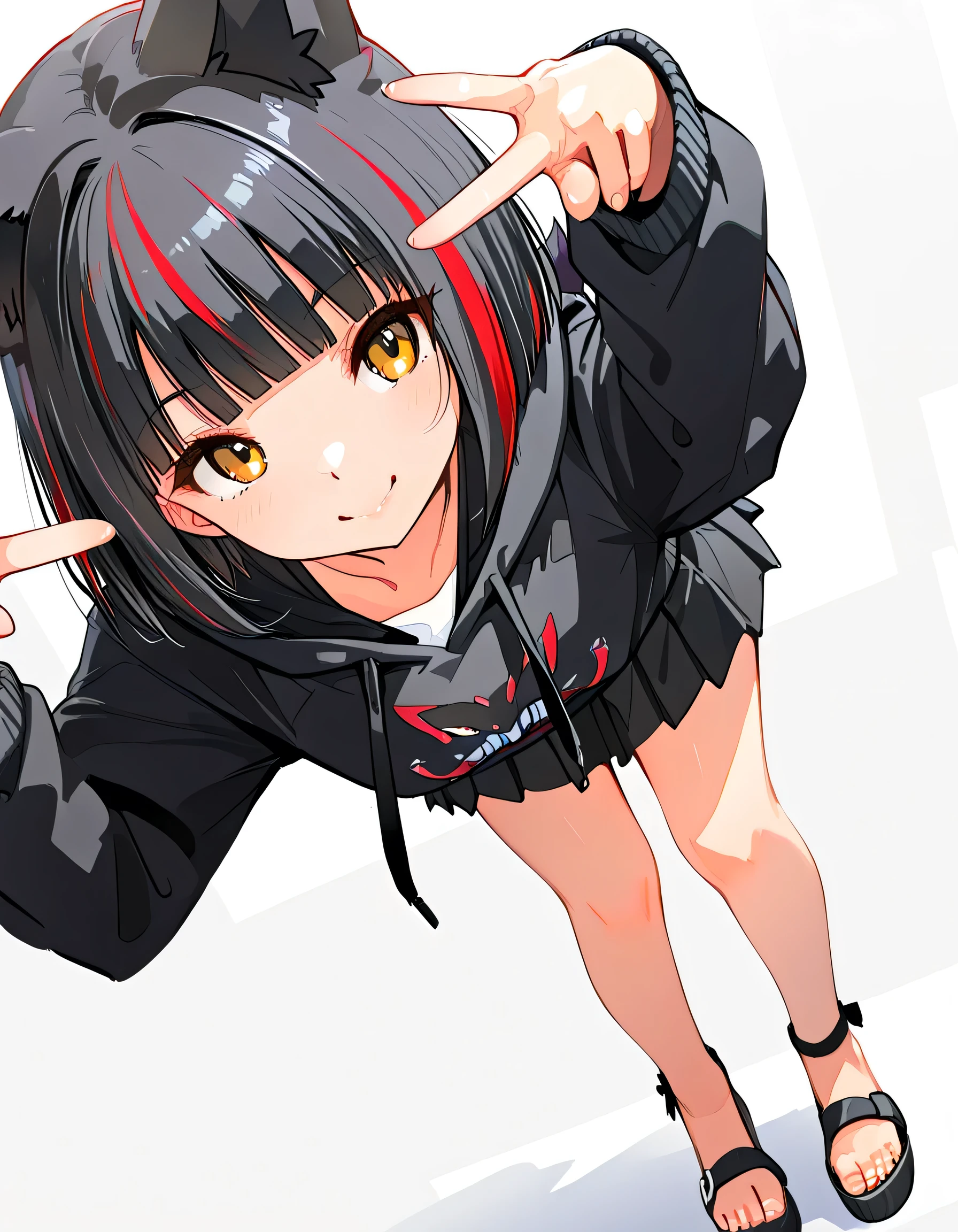 (dynamic angle,dynamic pretty w-peace sign pose),solo,leaning forward,(portrait),black streaked red frissy hair,blunt bangs, black Zorua style hoodie,hood down,mini pleats skirt,black sandal,natural cosmetic,cute face,smile,soft lineart,white color background,