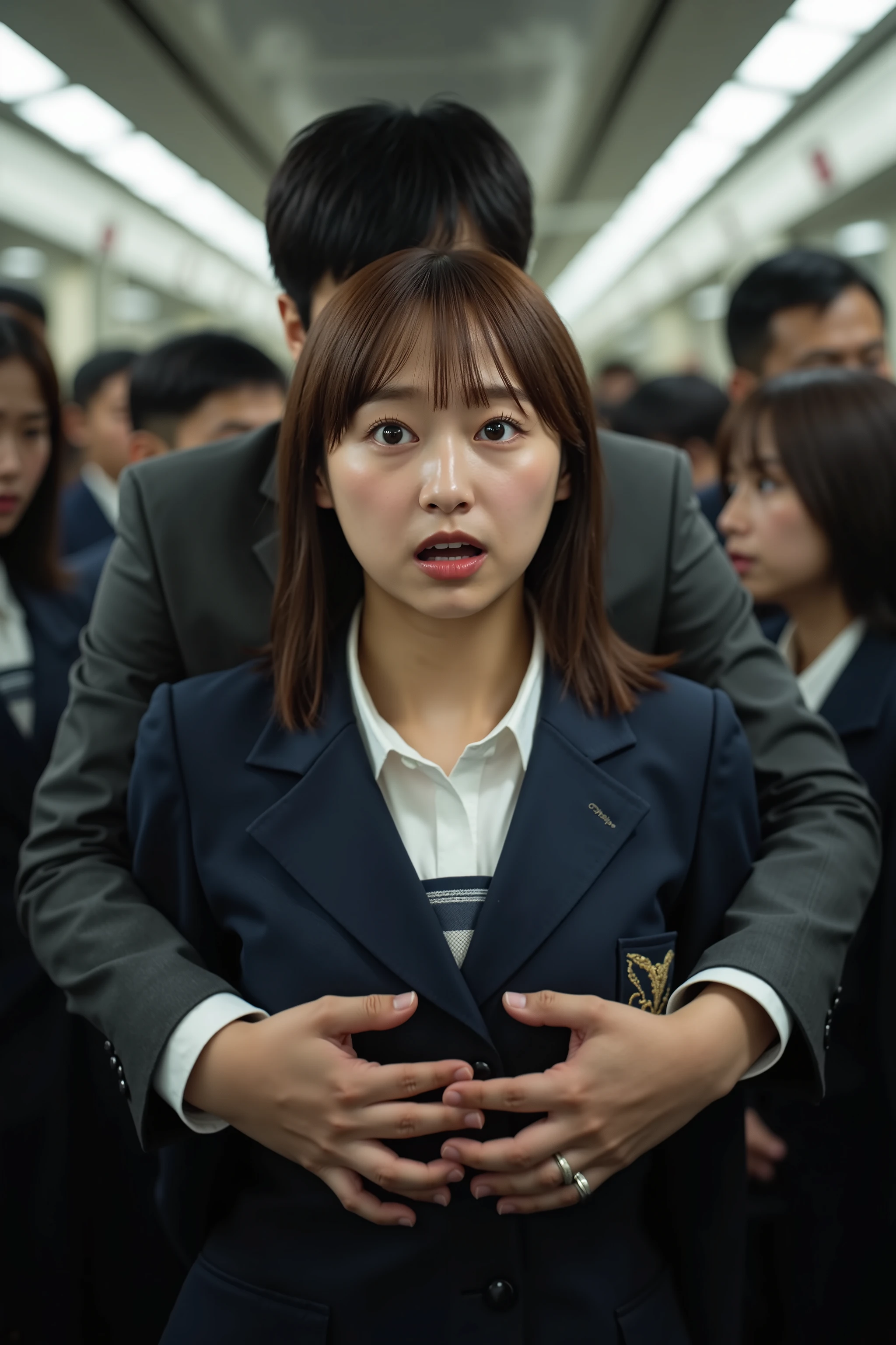 A high resolution photograph of a young beautiful Japanese woman in school uniform standing inside a crowded train car.
She has petite body, brown hair and pale skin.
(A man grabs her chest with both hands from behind. The man's face is invisible:2.99).
She's shouting and screaming in sexual behavior. Her eyes are wide open and her mouth is wide open.
She looks surprised expression, crying, frustrated, frowning, panting, gasping face. The focus is on her face.
It depicts detailed face, detailed eyes, sophisticated nose, carved face, greek nose, narrow nostrils.
The amazing quality, extreme details, intricate details, sharp focus, rich contrast and realistic use of professional lighting techniques make this photograph a masterpiece.