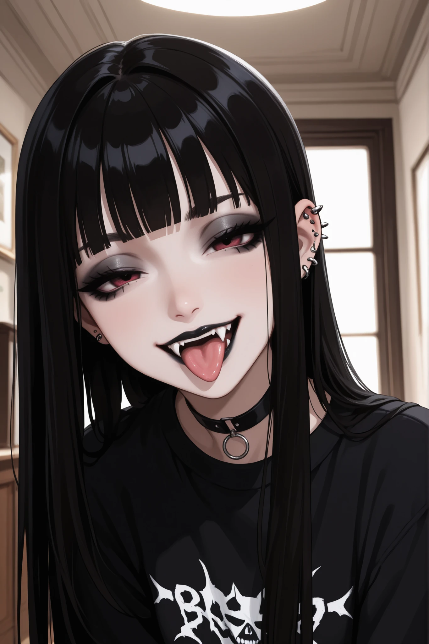 1girl, black lipstick, fangs, long straight hair, goth, blunt bangs, mascara, piercings, indoors, smile, tongue out, black hair, half closed eyes, looking at viewer