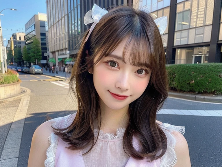 (8K、Raw photography、top-quality、​masterpiece:1.2)、(realisitic、Photorealsitic:1.37)、ultra-detailliert、超A high resolution、1 fair-skinned girl、beautifull detailed face、In the street、full body Esbian、poneyTail、hand bag、Cardigan、flered skirt、(glowing earrings)、a smile