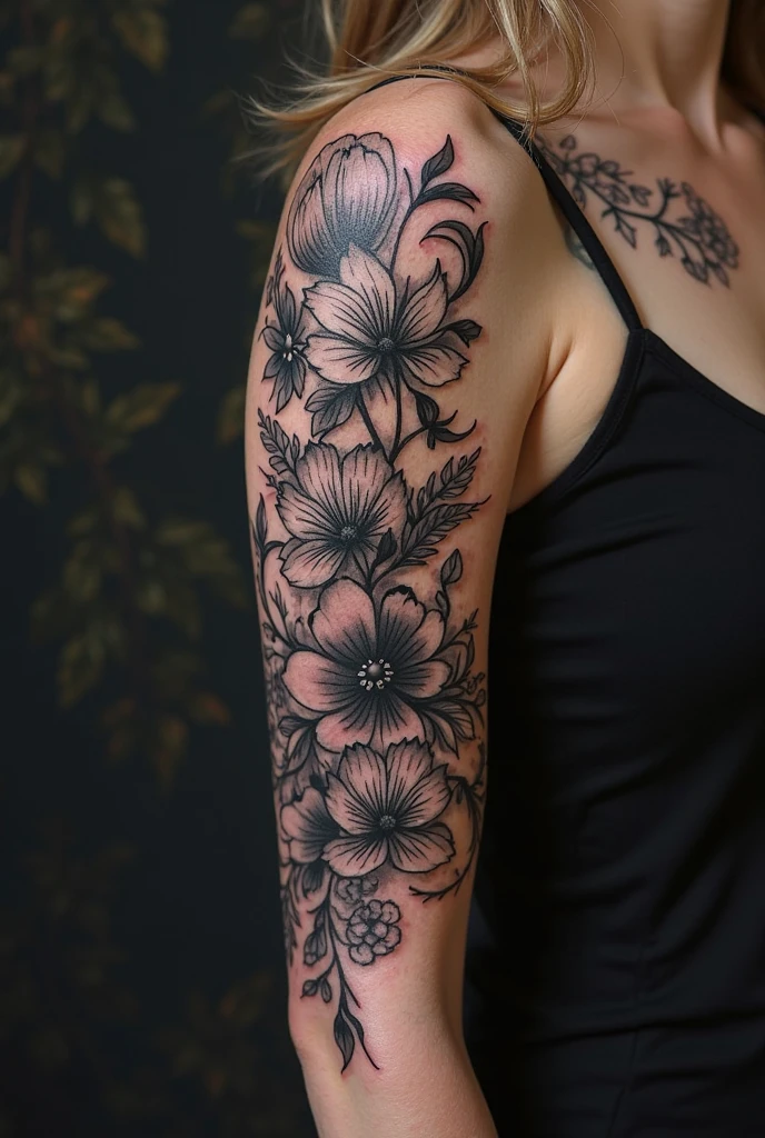 A woman with a tattoo on her arm and a flower on her arm, Ultra - realista e intrincado, tattoo sleeve on her right arm, fotografia de uma tatuagem de manga, tattoo on upper arm, corpo coberto de tatuagens florais, flores detalhadas, altamente realista e intrincado, flores com detalhes intrincados, corpo superior realista bonito, linha forte, Tattoos on the arm, tatuagens florais