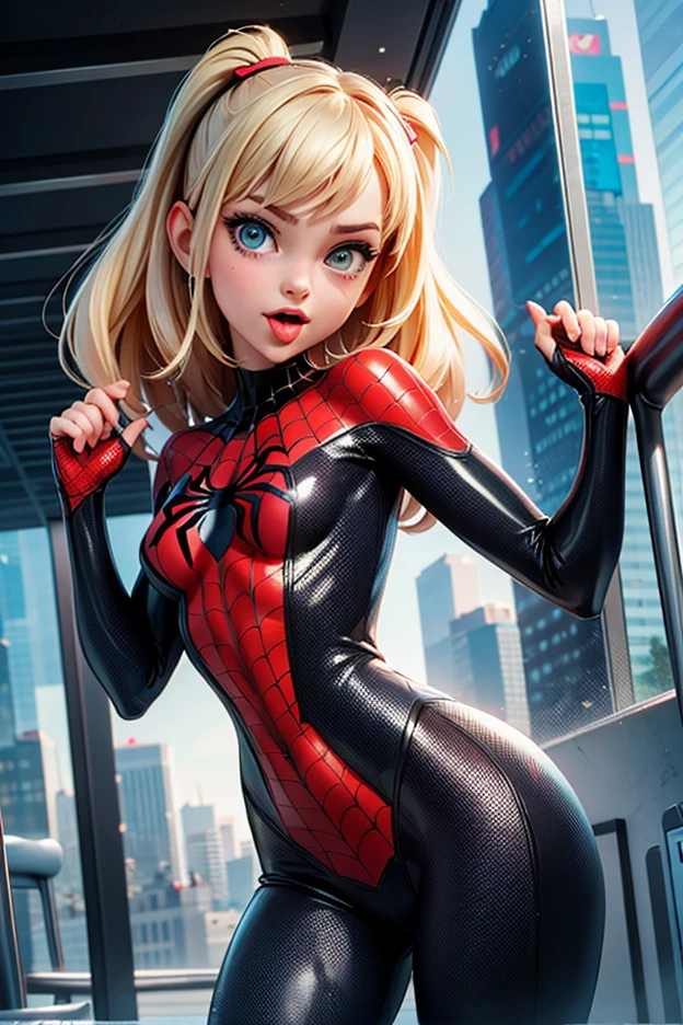show entire body, feet in view, aerial view, Zendaya, blonde, spider woman, smiling, seamless pantyhose, no shoes, short tight skirt, sitting on floor, legs open, facing audience, 8k, photorealistic
