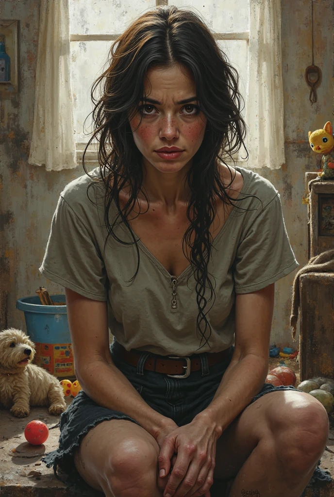 1girl,(medium breast:1.1),full body,sitting on men,short black hair,looking to men,necklace,18 years old girl,short t-shirt,(best quality,4k,8k,highres,masterpiece:1.2),ultra-detailed,(realistic,photorealistic,photo-realistic:1.37),portraits,vivid colors,cinematic lighting, No bra 