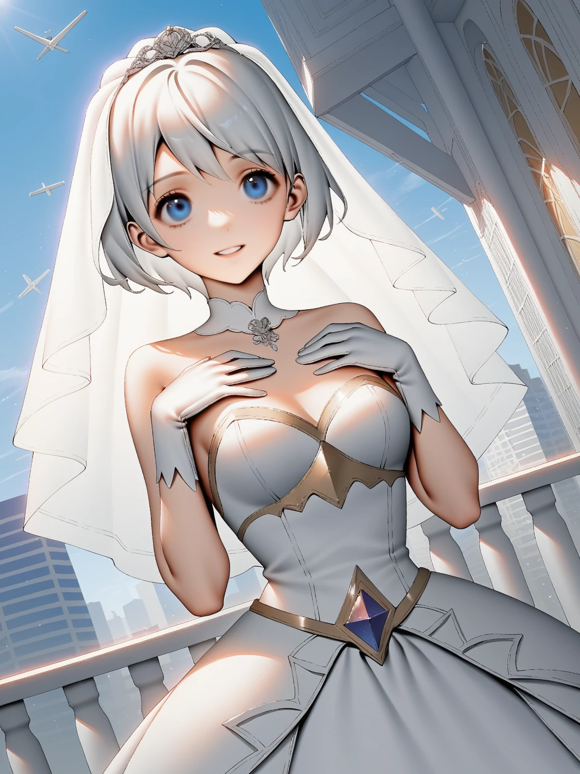 Hyperrealistic, 4k, Tsunako style, Date a Live, Tobiichi Origami, white glowing astral dress, with long embroided white stockings, with white wedding shoes with high heels and golden borders, white neck with a white ribbon and golden borders, a golden crown floating overhead, white wedding veil attached to the crown, long white wedding gloves from hands to elbows, white short hair, bob style cut, blue eyes, glossy pink lips, city background, sunset