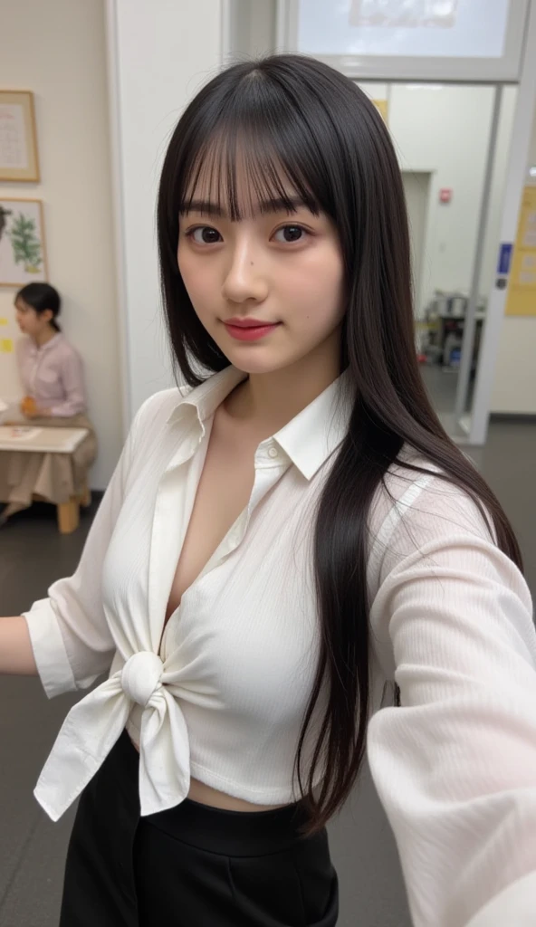 (highest quality,masterpiece:1.3,ultra high resolution,),(Super detailed,caustics),(Photoreal:1.4,RAW shooting,)ultra-realistic capture,very detailed,High resolution 16K human skin close-up。 natural skin texture、,The pores are、、、Must be detailed enough to be easily identified。 Skin should look even-toned and healthy。 Use natural light and color,restaurant,waitress uniform,1 girl,Japanese,18-year-old,cute,black haired,ponytail,big breasts,smile,turn your body forward,(Front view:1.1),look at the camera,cowboy shot,