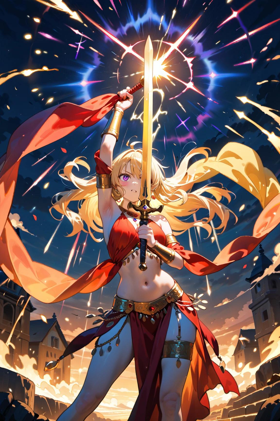 masterpiece、top-quality、(Blonde colored long hair、I have bangs:1.1)、(25 year old woman)、 (gold eyes:1.5)、(Big round eyes:1.5)、(Emphasis on the chest:0.5)、(modest smile expression:1.3)、(Staring:1.5)、(Close-up of the subject's face:0.5)、
golden flame wizard dress、(wizard’s wand with red gem:1.5)、golden flame wizard hat、floating fireballs、
five perfect and beautiful fingers、Bust Shot、
Alone、Open your mouth、Fearless smile、(middle Breasts:1.3)、(Glowing Skin:1.2)、(dynamic pose hand holding a sword gripping one Rapier in hand:1.3)、Uplifting、Have a rapier grip、midriff peek、Off the shoulder、(Camel toe)、(Peeing:1.8)