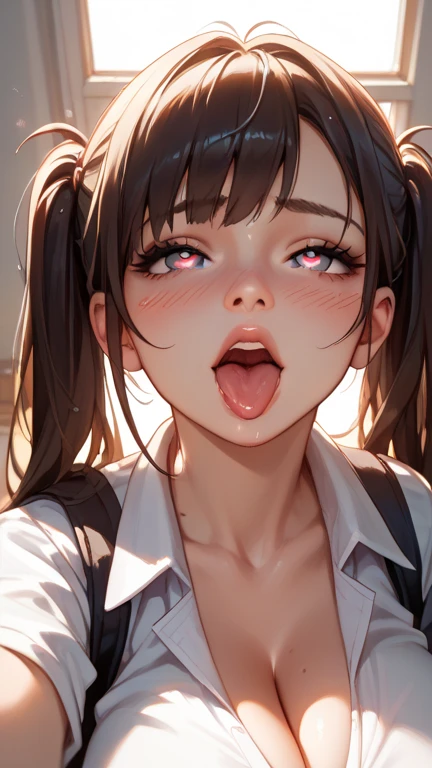 8k, raw photo, masterpiece, extremely detailed, best quality, professional lighting, high res, beautiful and adorable girl, nsfw, partially nude, tits, nipples, she shows her tits to the viewer, BREAK makima, yellow eyes, spiral in eyes, lower eyelashes, red eyebrows, dark circles under the eyes, emotionless, cold eyes, robotic expression, mysterious girl, BREAK (long black tie, white shirt, black pants), (looking up viewer, from above, (extreme close up model), eye contact), sunset, dark clouds, indoor, office, high-floors, BREAK (she is about to deep kiss, wide-opened mouth, tongue, drool, close up face)