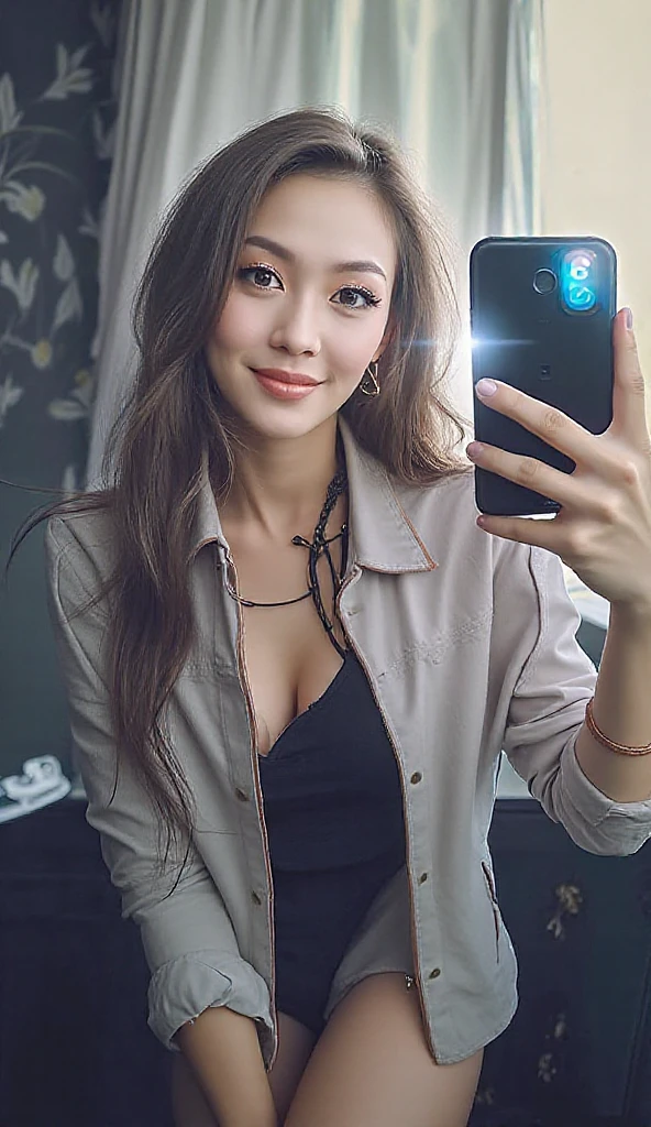 highest quality, In 8K,taking a selfie in front of a mirror ) beautiful woman with perfect figure:black hair, wearing a casual gray hoodie, highly detailed face and skin, double eyelid, big breasts, smile, shoulder length hair,