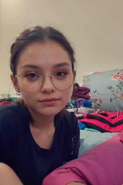 23-year-old woman wearing an Adidas brand sweatshirt with glasses, en un cuarto de una casa de bajos recursos,