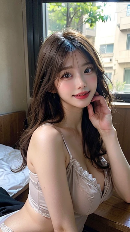Top image quality、​masterpiece、Beautuful Women、japanes、25-years old、Full body、On the train、（masuter piece：1.3）、（in 8K、Photorealsitic、Raw photography、top-quality：1.4）、（girl with）、Beautiful expression、（Lifelike face）、（A dark-haired、Realistic eyes beautiful details、（real looking skin）、White_Bra、shiny_Hada、cleavage、absurderes、enticing、ultra res、A hyper-realistic、high detal、the golden ratio、Straight face、long、Loose perm、Beautiful Japan Woman、(The whole body is reflected、frontage)