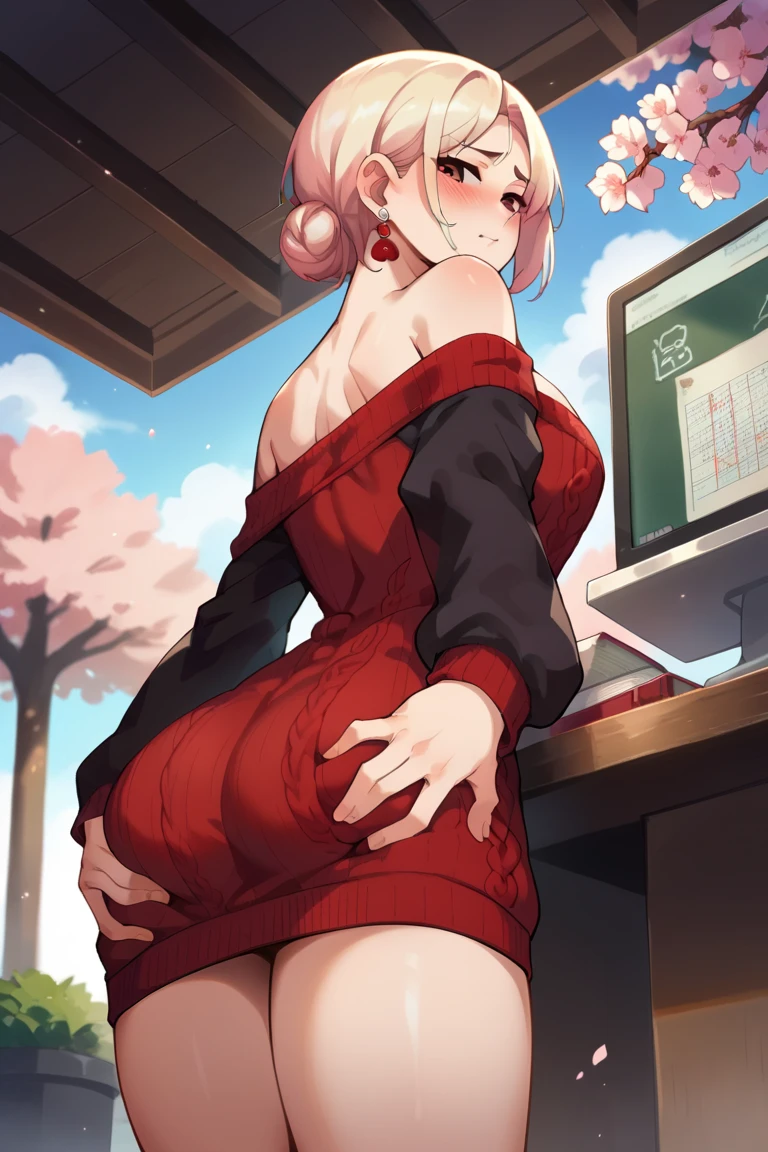 thick thigh with tight skirt on her big tight ass face towards the viewer with cum running down her thigh
