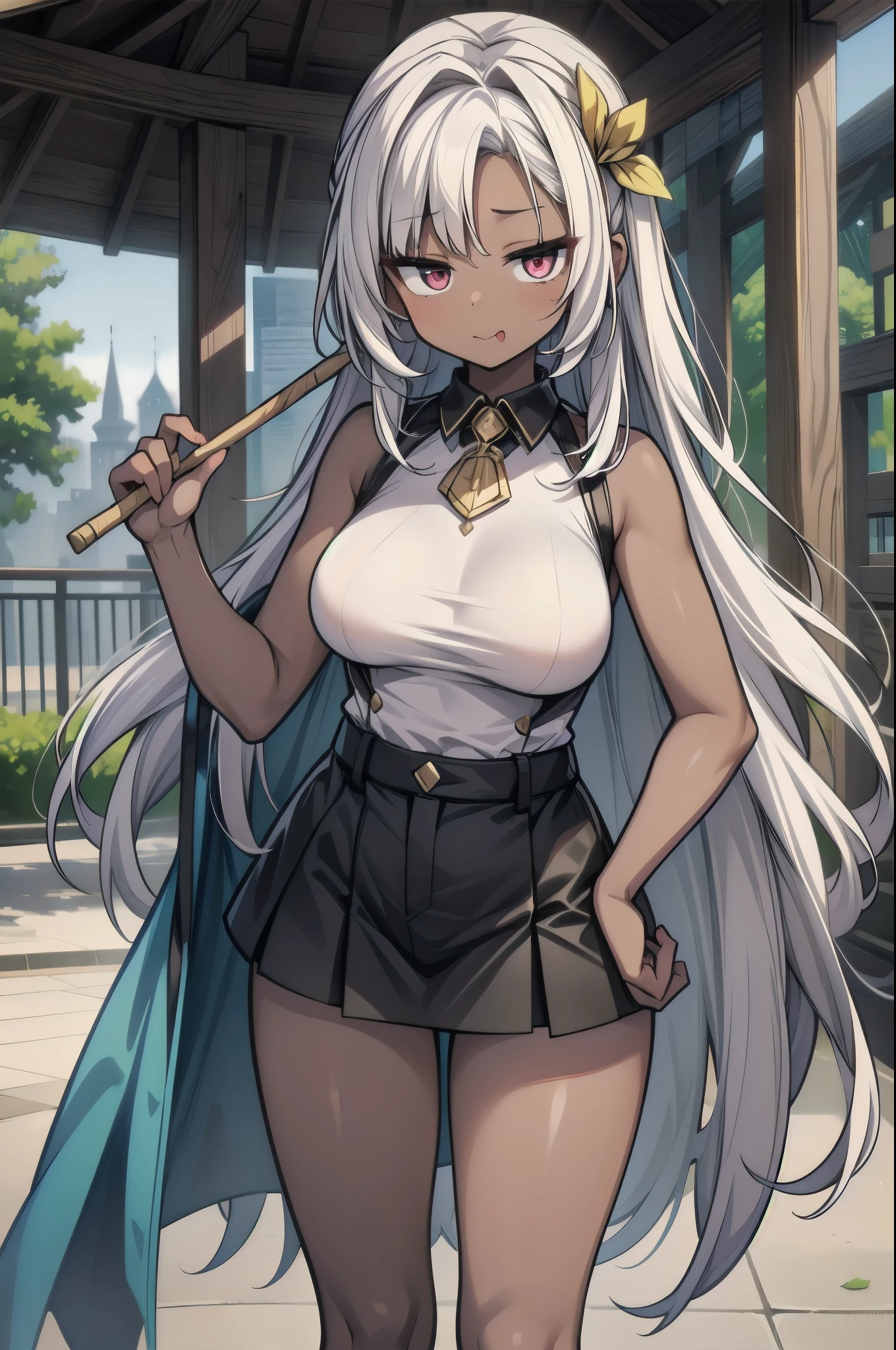 ((dark skin:1.3))masterpiece, BEST QUALITY, Super Detail, exquisite, beautiful,((1 person)), semi-long hair in spring, thick legs, Stick out your long tongue,naughty faces,(big sagging breasts:1.4),  Magical Girl.miniskirt,Handmade Ornament,Gold Ornaments,white hair. magic wand on the hill.(dark skin:1.3).young girl.Baby Face,My height is 150 centimeters, playground,cowboy shot,