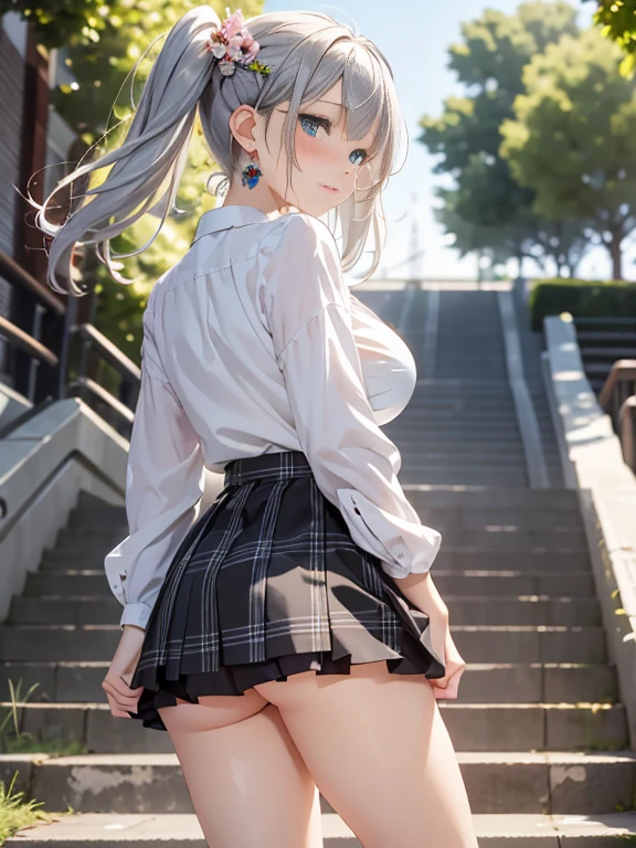 highest quality、4K quality、Beautiful cleavage、Tube knit shirt、Frilled Skirt、Beautiful Style、tall、Small breasts、Shooting from behind、Looking back、Bare buttocks、Small Ass、Short Bob、Shy face、Female college student、turned up skirt,nude legs,nude arms,No sleeve