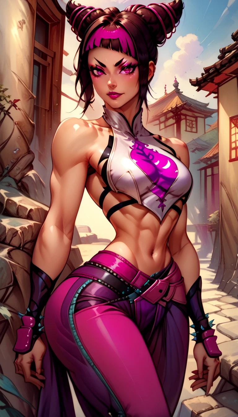 juri han,beautiful young fitness woman with ,dressing May in black pantyhose, Tight black shirt. standing alone,hair horns,glowing purple eyes,Evil smile,legging preto juri han,labiaa