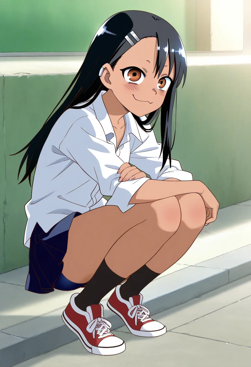 highest quality, Ultra-high resolution, (Realistic: )2D official style cel animation,((Sitting Girl))Blue Check Mini Skirt,summer shirt,(Lace panties),loose socks,sneakers,Full body portrait,(shirase sakuya),Station stairs,sunny,Embarrassed face,from the front
