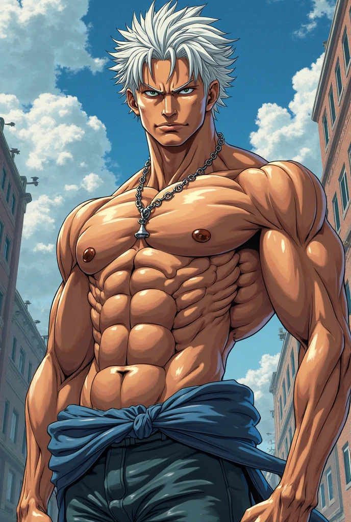 [highest quality photo][ 4k,HD photo quality] (Huge, muscular thigh muscles) Uzumaki Naruto, lots of sweat flowing down, topless, shirtless, sunny, shiny skin, bodybuilder,  8-pack abs, giant, muscular chest muscles, giant muscular, sinewy biceps, cute baby face (close-up) two arms behind the back