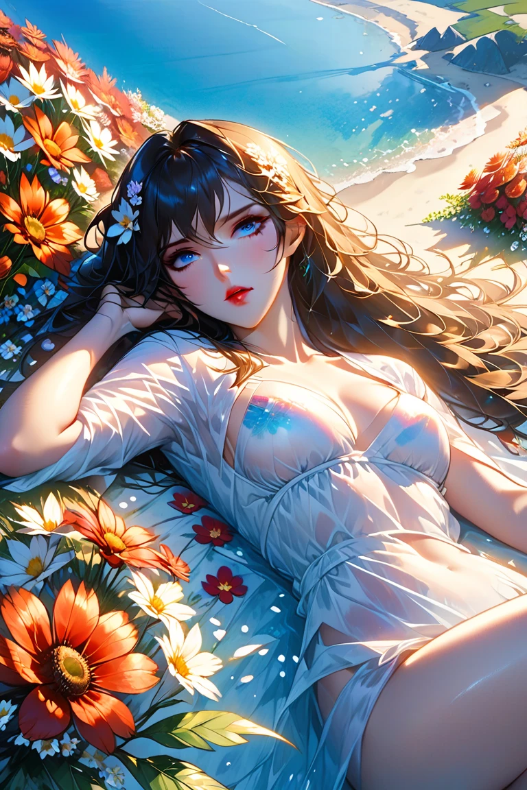 (8k, best quality, masterpiece:1.2), (realistic, photo-realistic:1.5),1girl, cute, sitting, dating, (smile:1.15), (closed mouth) medium breasts, beautiful detailed eyes, <lora:hanfu_v20:0.5>,(Hanfu, tang, Tang Dynasty, Tang clothing: 1.4),full body, <lora:3loraGuofeng3Lora_v32LoraBigLight:0.5>, <lora:goutouLora_v20:0.5>, ((topless)), ((bra)), beautiful and delicate water, the finest grass, very delicate light, nature, painting, water spray, breeze, flowers and grass meadow, near the water edge, (sunset, starry sky in a circle), randomly distributed clouds, river, splashing water, falling petals