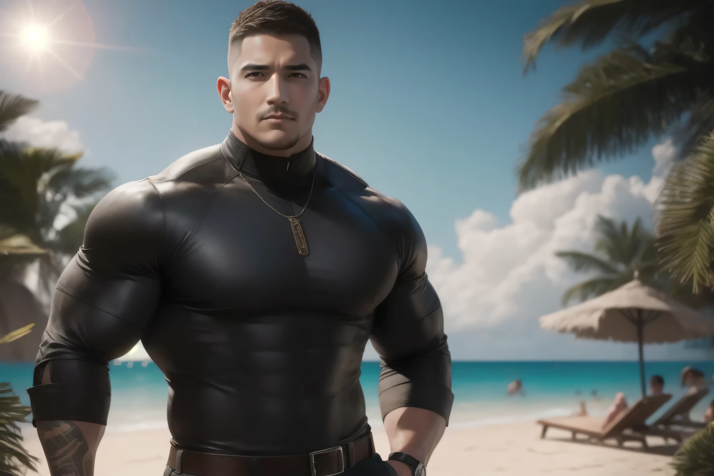1个 muscular男人在Seaside beach exposed to the hot sun in the open air, VERY STRONG ,exquisite perfect facial features ,Buzz Cut,Buzz Cut,Seaside beach exposed to the hot sun in the open air, 他背靠着脏污的墙壁, He is wearing a high-class luxury high-necked collar in brown, long sleeve, Tight t-shirt with gray modal fabric texture, He has a sad expression, Slightly head-on, American round inch , thick thighs , Very tight, Regular symmetrical pattern, big goalslight muscles, high end western pants , character concept (Buzz Cut Chris Redfield) proud expression, deep and charming eyes, Heroic male pose , tall Burly, muscular! muscular thighs, Tough Guy, perfect facial features , big goals, Burly, Heqiang, Super exquisite and cool, big goals Resolution Committee, Extraordinary Charm , The sun is strong, Dazzling
