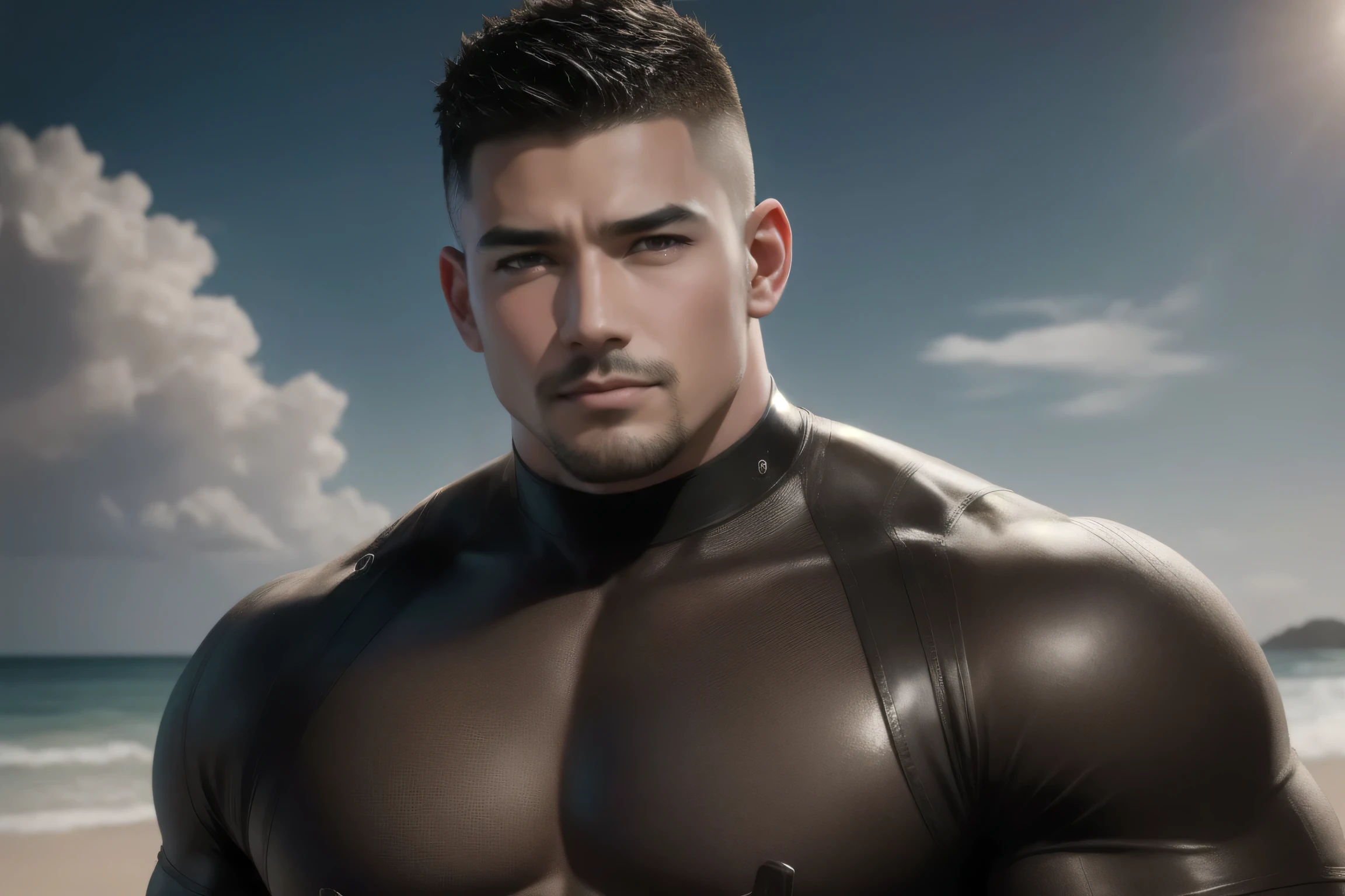 photo of male,, big biceps, bulge, ((light bokeh)), intricate, elegant, erotic, exuding sexual energy, (masterpiece), ((island beach)), (detailed face),wearing tight black leather from head to toe