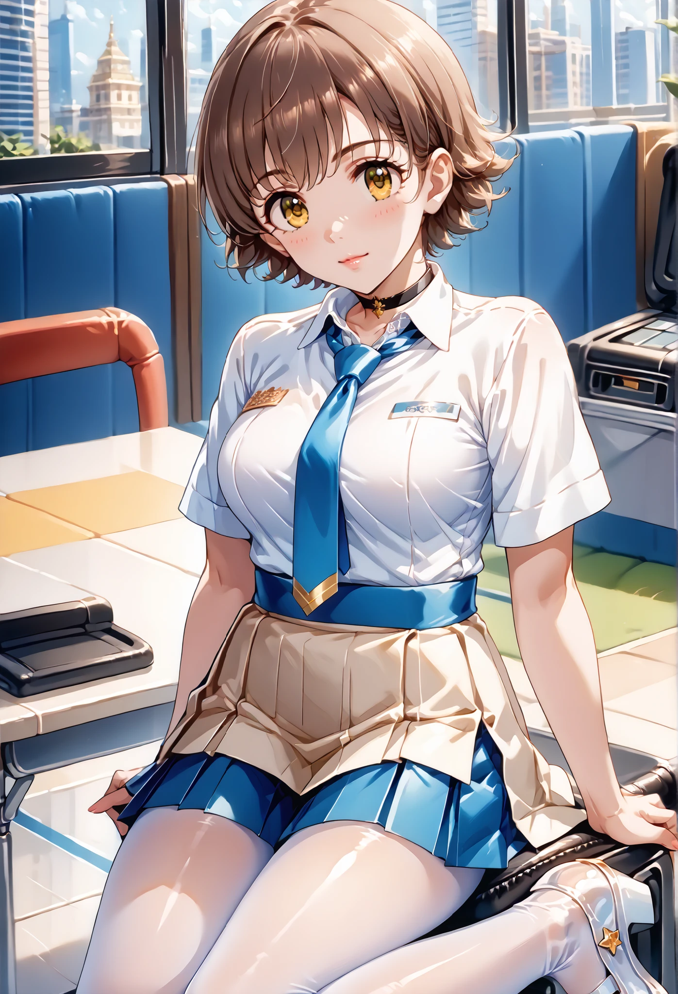 score_9, score_8_up, score_7_up, source_anime, 4K,perfect fingers,(perfect hands, perfect anatomy),prefect lighting, very aesthetic, intricate details,highly detailed background, masterpiece, high quality, best quality,
1girl,solo,hndmo, short hair, brown hair, yellow eyes, large breast,
wearing ((Black choker, Collared shirt, White shirt, Blue tie, light beige pleated mini-skirt, white opaque tights that extend to her ankles , white low-heeled shoes, )),,
((Sit on the bike seat:1.5)),