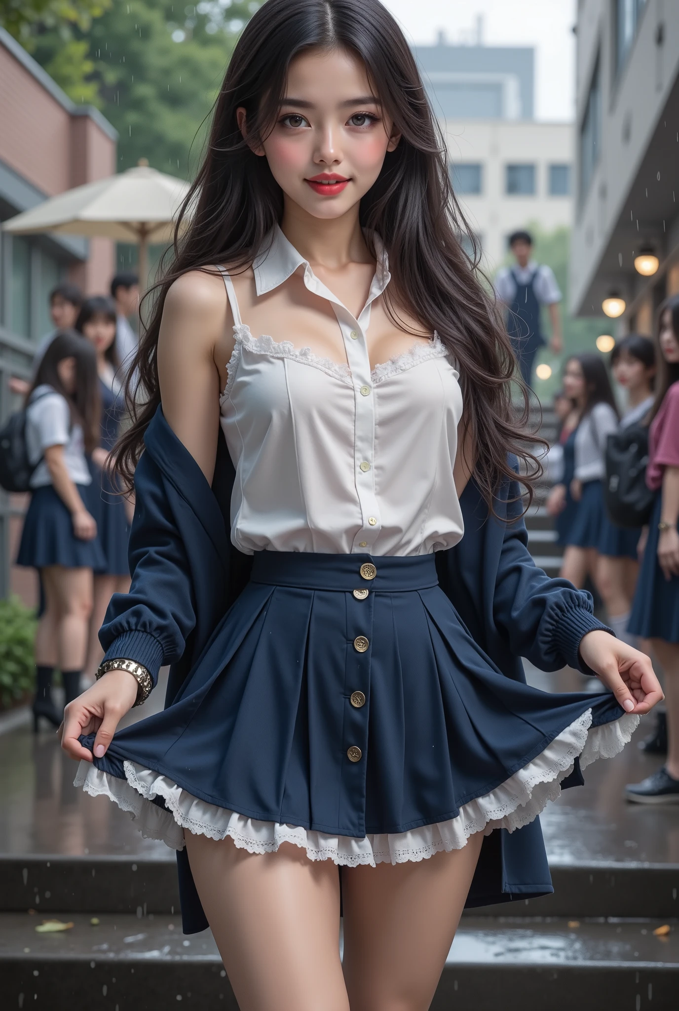 Dark blue blouse, pink miniskirt, heavy wind, ((Skirt jumps up in strong winds)), ((skirt rift)), (Lace and white panties), ((Flip up your skirt to show off your panties to the camera)), ((You can see all your panties)), emphasis on the buttocks, turned around, long nipples, The costume is sheer, NSFW, 1girl in, de pele branca, slender, Small buttocks, small tits, Sunnyday, Modern old cityscape, Wet, Dark hair, I have bangs, short-hair, Smiling smile, surrealism, Cinematic lighting, depth of fields, One-person viewpoint, F/1.8, 135 mm, canon, nffsw, masutepiece, ccurate, Anatomically correct, Textured skin, Super Detail, high details, High quality, awardwinning, Best Quality, hight resolution, 1080p, 4K, 8K