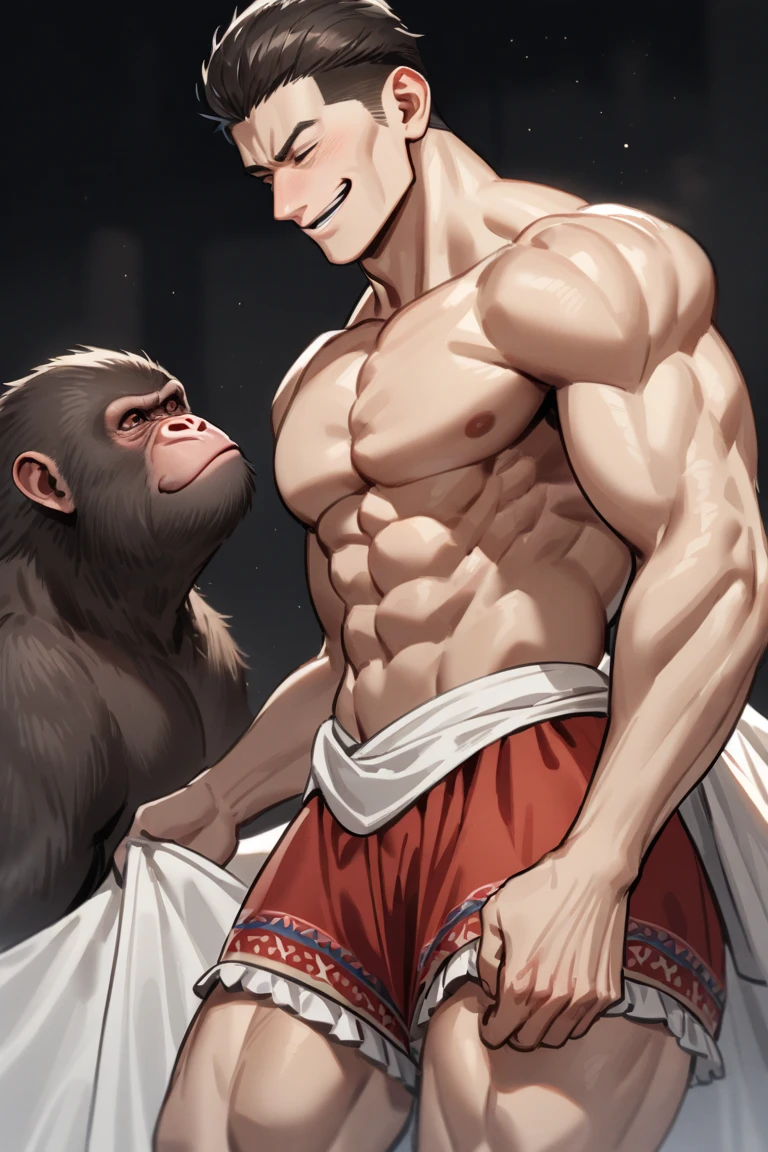 (Best Quality,Anime style:1.2),Japanese macaque,Eyes and faces with detailed,Wear a partially open kimono,At a shrine with a torii gate,Bright colors,Soft lighting、Funny look、funny pose、Hanuman、Gnawing sweet potatoes、((Henchman monkey rides on his shoulder))、Only the upper body is bare、hairy、Slender and muscular,、chest hair is fluffy、Arm hair is also fluffy、Brown hairs