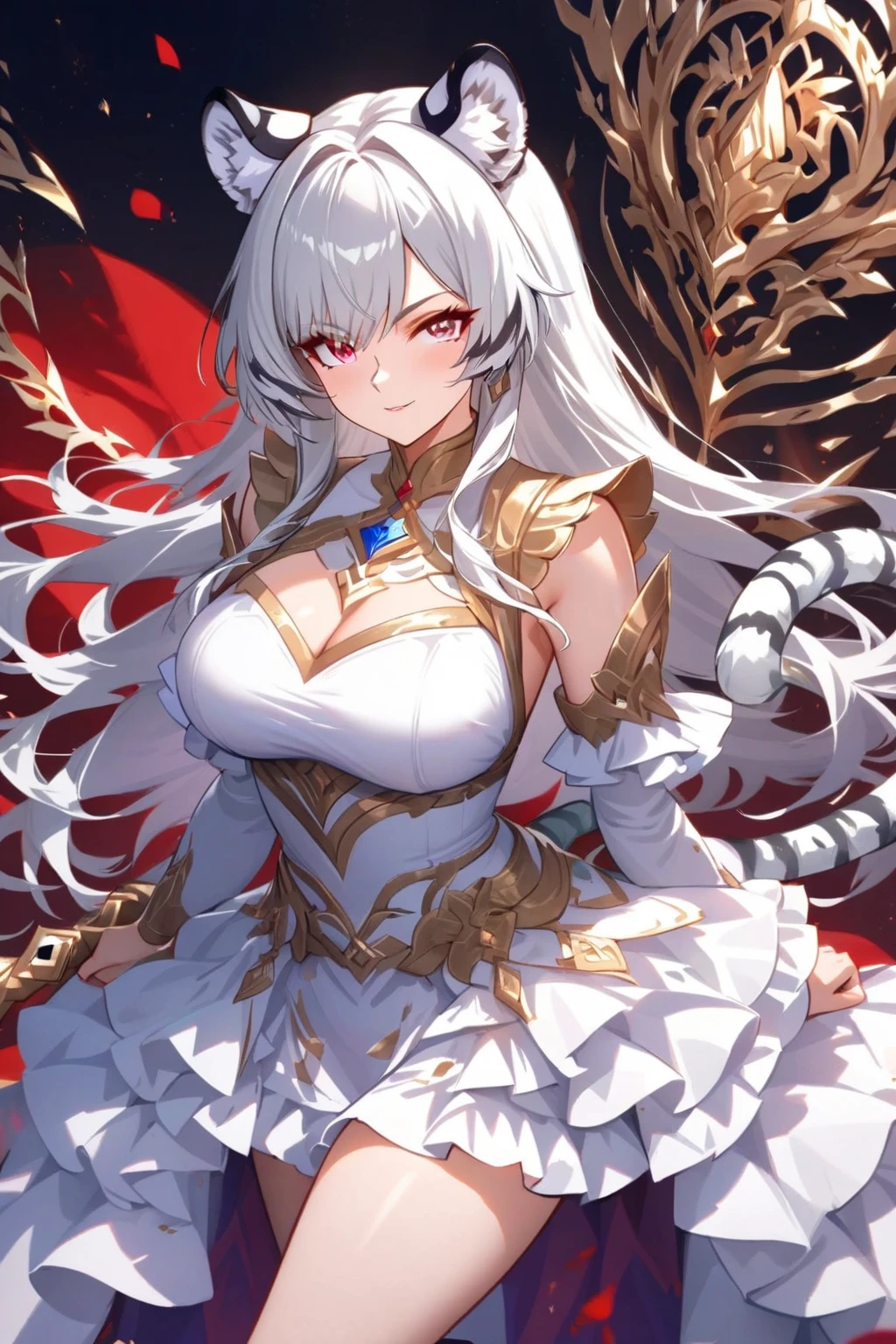 ((highest quality)), ((masterpiece)), ((hyperrealistic)), (detailed background), 1girl, ((curvy: 1.2)), Langrisser, ((gray lamé leotard: 1.5)), ((catsuit)), ((black wizard armor: 1.3)), ((long skirt)), ((armored dress)), cloak de cour, gauntlet, gloves, belt, silver hair, ahoge, (huge breasts), (see-through cleavage cutout), (zettai ryouiki armored thigh high boots), (thighs), beautiful eyes, perfect face, Perfect hands, perfect fingers,