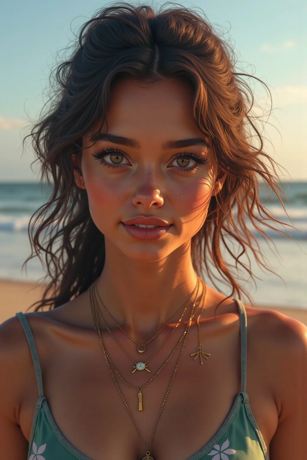(GeGe:1.8), woman, brunette, brown eyes, (freckles: 1.6), gorgeous lips, cinematic, (masterpiece), (best quality), (ultra-detailed), very aesthetic, illustration, perfect composition, intricate details, absurdres, detailed face, (anime, masterpiece, intricate:1.3), (best quality, hires textures, high detail:1.2), (4k), (incredibly detailed:1.4)
A tropical beach, crystal clear water, palm trees swaying, a character in a bikini, wearing sunglasses, holding a surfboard, light and darkness, cats playing in the sand, nipple accidentally exposed, average breast, cleavage, heading to the water, enjoyment, relaxation,
moon, (rembrandt lighting:1.4), Light particles, lens flare, Distant islands, Watercolor:1.3, Delicate, Detail, Masterpiece, (tropical-sunset:1.3), Close-up of the upper body