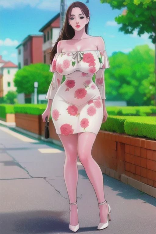 Yamashina Mizuho, masterpiece, best quality, a beautiful young sexy woman walking down a sidewalk holding a purse, 1girl, breasts, solo, skirt, bag, cleavage, necklace, bare shoulder, jewelry, looking at viewer, smile, handbag,mature woman,