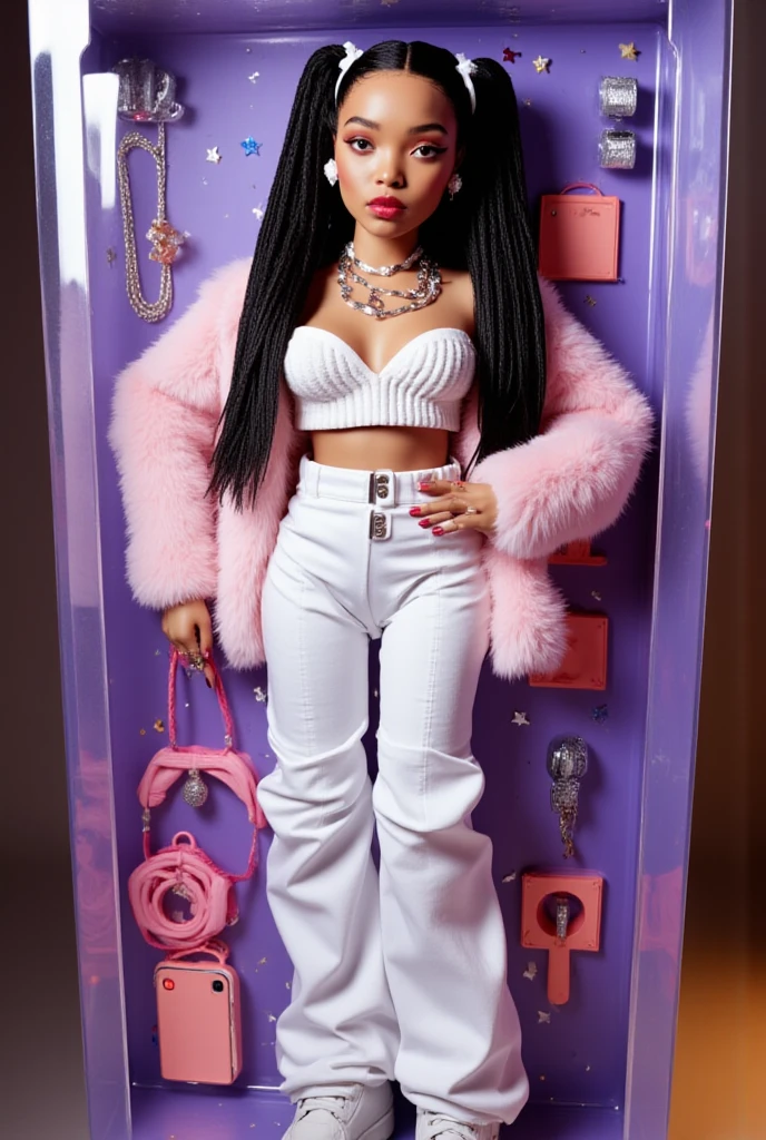 inboxDollPlaySetQuiron style, [ebony woman, Barbie Cosplay, (long afro curly hair), shiny skin, (jade eyes, hair flower, hair ornament), (flawless face), cute face, chubby face, sunburnt ebony skin, detailed (wrinkles, blemishes!, folds!, moles, viens, pores!!, skin imperfections:1.1), (wearing sexy see-through pin lingerie set details:1.25), (Vibrant pink silk wraps around your body, double layered to ensure the softness of pink silk against your skin, with a central panel of glittering metallic pink French lace to bring that extra touch of extravagance. Wide silk covered straps are finished with strong red toned clasps and adjusters, adorned with hand cut ribbons, to hold your stockings up firmly without compromising on glamour. Add the matching brass silk quarter cup bra and either tap pink pants for a complete vintage-inspired look, or skirted pink lace thong, plus the spectacular all-over pink lace robe for the complete look.), fishnet pink cuban stocking, highly detailed glossy eyes, sheer dress, (:0.8), fishnets, (looking at the camera), detailed skin pores, oiled skin, tan, intricate eye detail, capelet, (big cheeks), natural breasts_d, unbalanced breasts, (cleavage)], gift box, playset, in a box, full body, toy playset pack, in a gift box, premium playset toy box