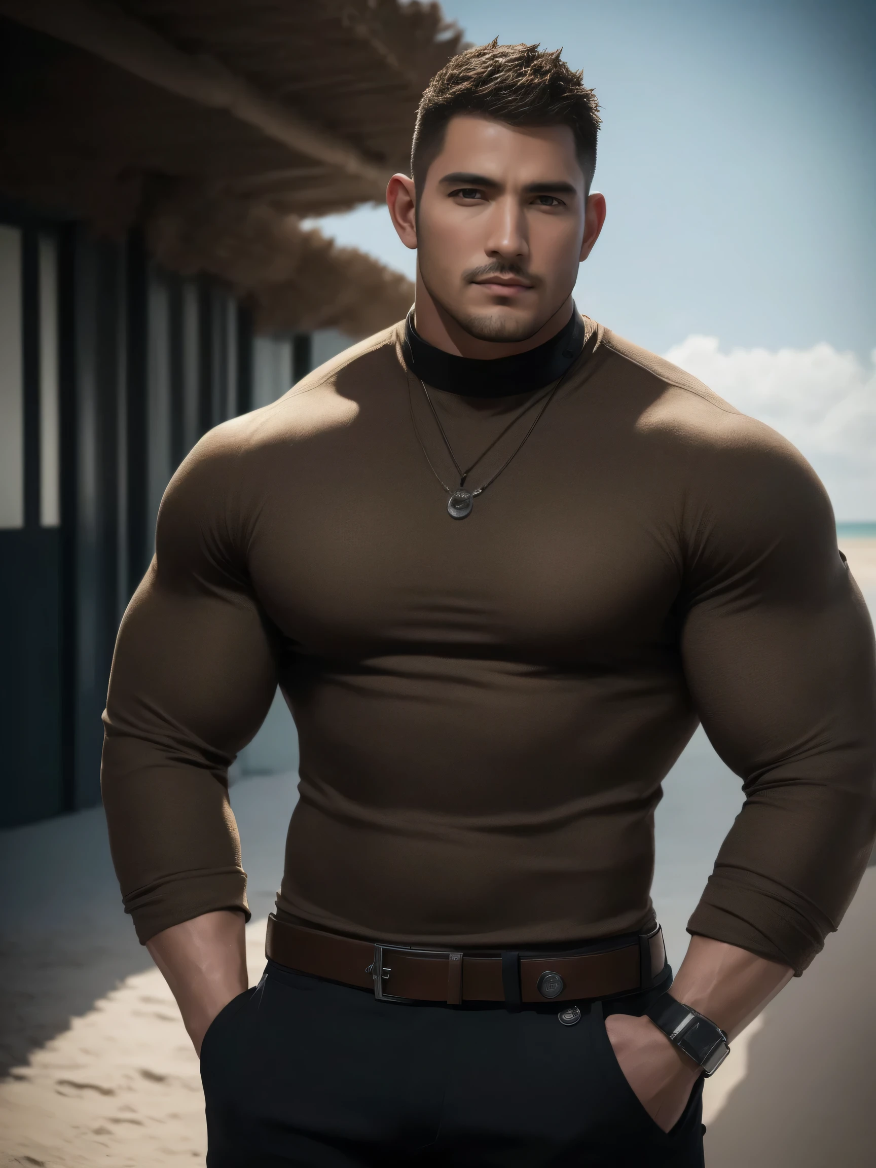 1个 muscular男人在Seaside beach exposed to the hot sun in the open air, VERY STRONG ,exquisite perfect facial features ,Buzz Cut,Buzz Cut,Seaside beach exposed to the hot sun in the open air, 他背靠着脏污的墙壁, He is wearing a high-class luxury high-necked collar in brown, long sleeve, Tight t-shirt with gray modal fabric texture, He has a sad expression, Slightly head-on, American round inch , thick thighs , Very tight, Regular symmetrical pattern, big goalslight muscles, high end western pants , character concept (Buzz Cut Chris Redfield) proud expression, deep and charming eyes, Heroic male pose , tall Burly, muscular! muscular thighs, Tough Guy, perfect facial features , big goals, Burly, Heqiang, Super exquisite and cool, big goals Resolution Committee, Extraordinary Charm , The sun is strong, Dazzling
