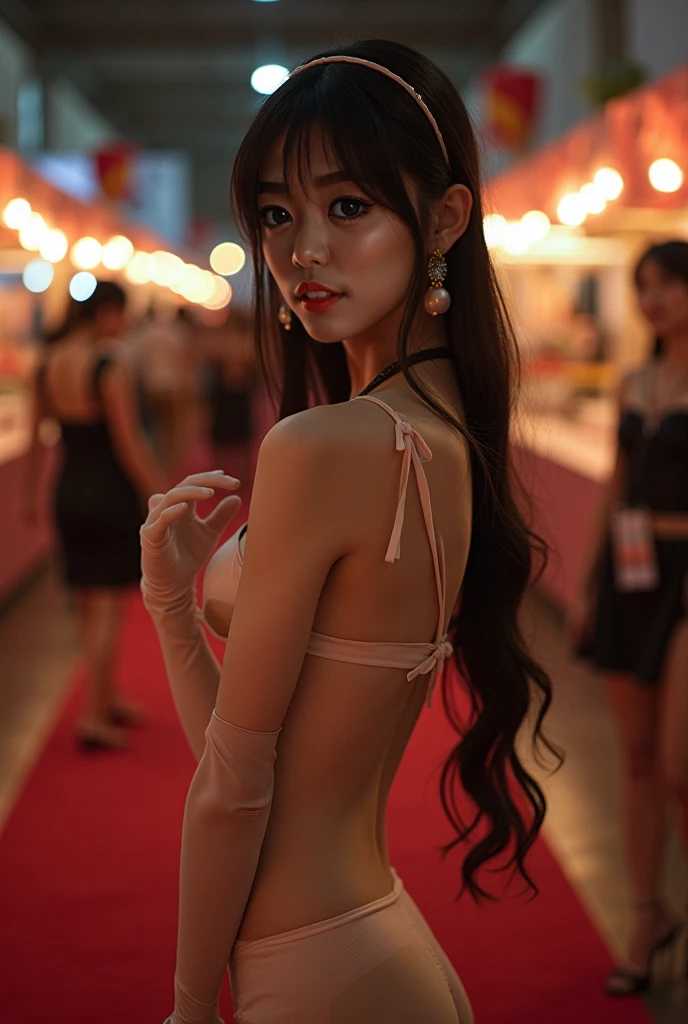 ((1girl)), in deep V shirt,  pose at Casino, makeup with glossy lip, small breasts, necklace, (G-string with many jewelry on her body:1.4), various angle, ((face focus)), 22 years old, Beautiful Korean Girl, ((standing)) pose, (nsfw:1.4), Bokeh, ((pubic hair))