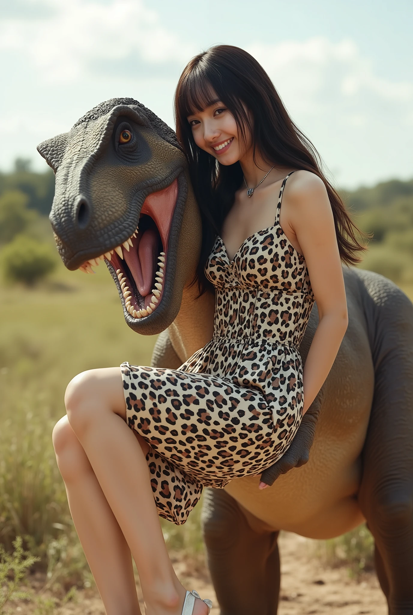 Create a realistic photograph of a beautiful Japanese female singer's portrait. She has a slender body, small bust, and thin legs, with long hair and bangs. She is wearing a prehistoric-style leopard print wedding mini dress and is being playfully held in a princess carry by a Tyrannosaurus Rex, smiling for the camera. The background features a Cretaceous plain during the daytime, captured from a dynamic angle.