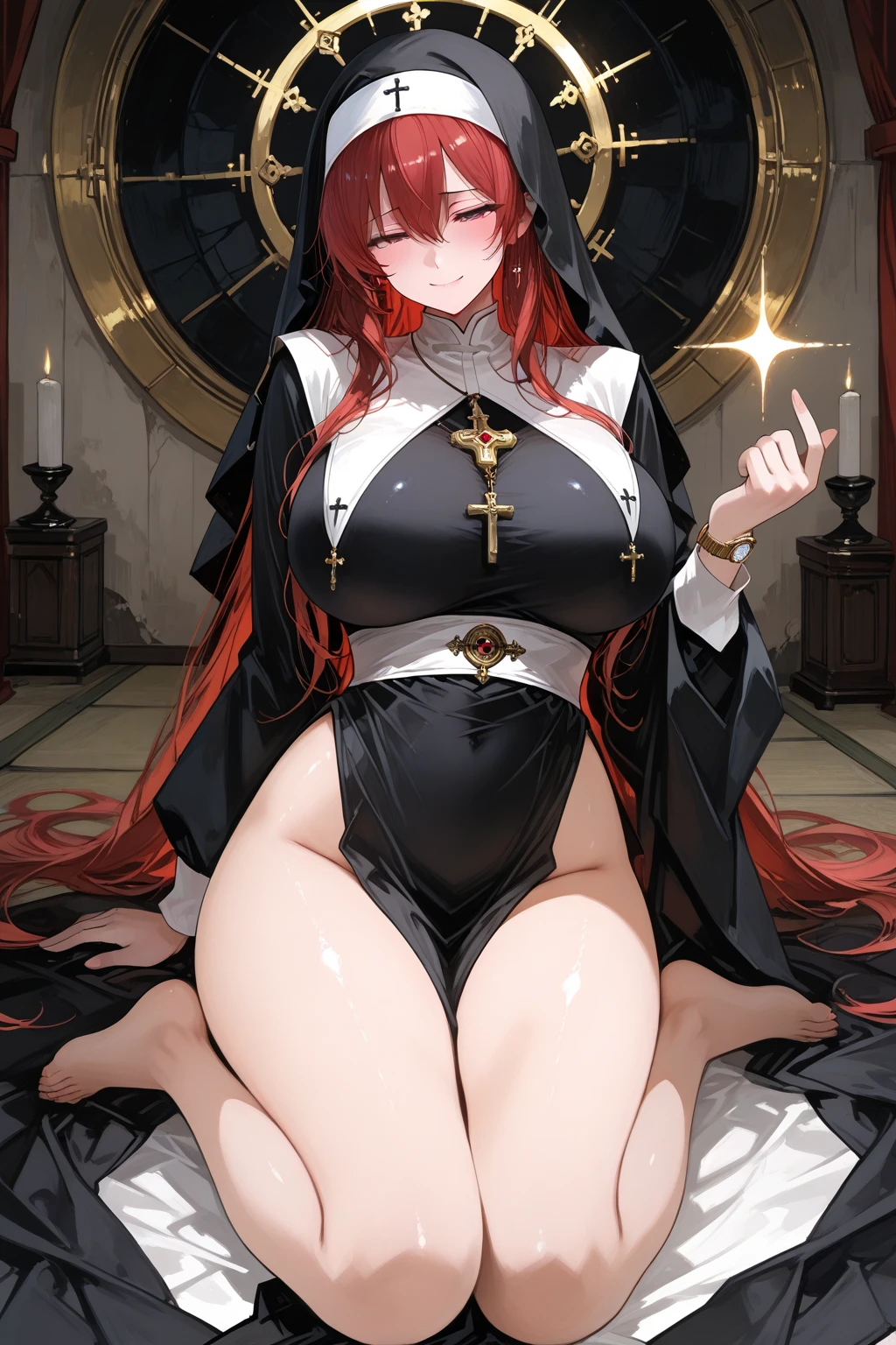 long hair, orange hair, (dark skin female), (nun), big breasts, Big ass, Deer antlers, large horn, heavy body, large body, venus body, gigantic large tits, red blush, stockings,garter belt,
