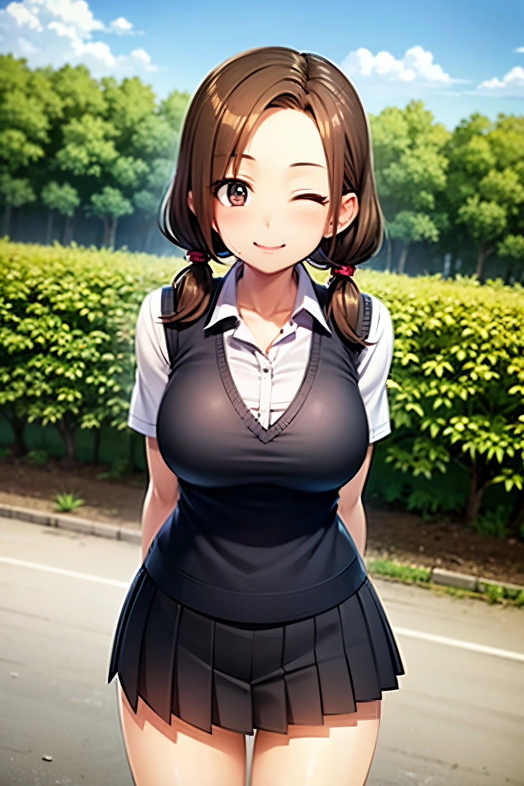 Pretty young girl, brown hair,beautiful long low ponytail hairstyle, (tight grey skirt and tight white jacket , short sleeve,,(slouch),(reisalin stout),(wide muscles),((sexy voluptuous body),((sexy body view)),(walking at school backyard),((sexy body flexes)),((beautiful smile))