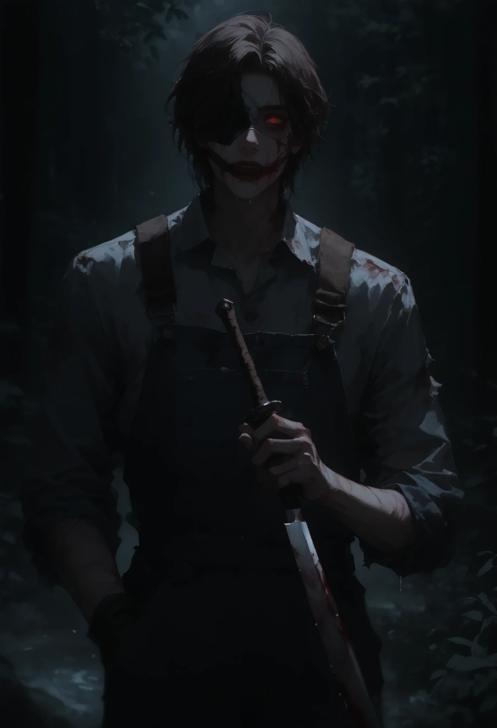 Close-up portrait, 1 man, solo, 24-35 years old, standing in a dark, misty forest at night. His face is hidden behind a creepy homemade mask made of stitched animal hide and cracked porcelain doll pieces, revealing only cold, dull gray eyes that don’t blink. Long dark brown hair, falls messily over the mask. Pale, sickly skin with bruises, scratches, and burn scars shows through torn, dirty overalls and a blood-stained shirt too small for him. He holds a rusty machete loosely in one hand. His posture is eerie—tilting his head like a confused animal, standing silently with a quiet, unnatural gait. The scene is lit by faint moonlight, with damp wood and old metal scents in the air, a mix of floral perfume lingering faintly. Cinematic, horror vibe.