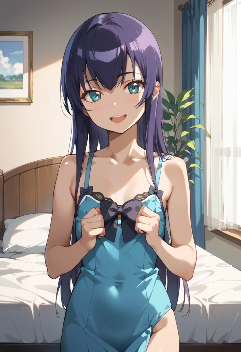 ((Best Quality)), ((masterpiece)), (be familiar with), perfect face, indoor, bedroom, watching viewers,
One woman, Saeko Tokushima,
open mouth, ecstatic expression, cover, smile,
 small , flat chest, Young girl,  lori, ren, girl,
long hair, long hair,
opening,