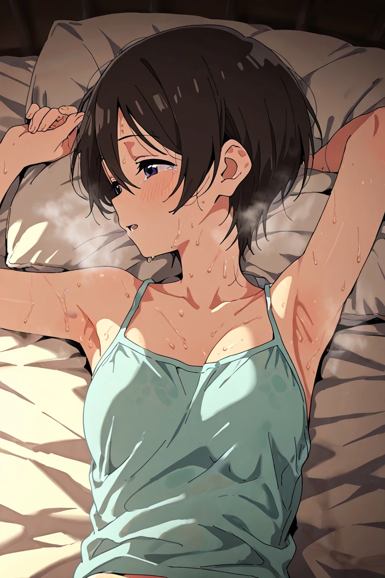 score_9, score_8_up, score_7_up, source_anime,
yukariyukino, yukari yukino, short hair, black hair, detailed blue eyes, hair between eyes,(( perfect eyes )), Perfect face, expressive eyes,
(show off breast), ((undress camisole)), detailed nipples, detailed navel, white lace panties,
indoors, bed, realistic bed room, on side, blush,
cowboy shot, looking at viewer, solo, dutch angle,