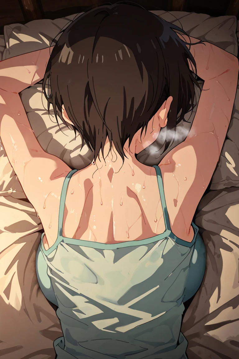 (masterpiece, highest quality:1.2), One girl, Bobcut, Sitting on the bed,White sleeveless tank top,Blue Denim Shorts,Sole Focus