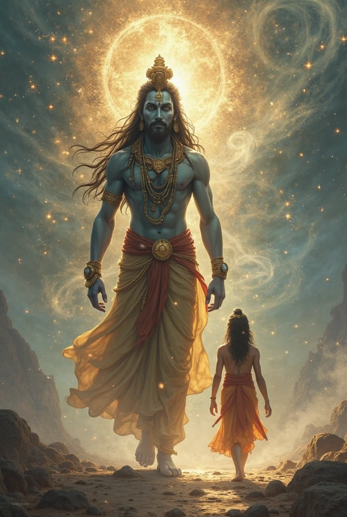 Create the image of the magician Shantih by invoking a Pashupatastra with the following instructions:
#Appearance The wizard Shantih wears ordinary white clothing and a necklace with large beads. (japamala), closely resembling a Buddhist preacher. Furthermore, presents a third eye (bindi) and a great muscular build, which makes others mistake him for a martial artist. He's bald and doesn't have a beard.
Pashupatastra is an astra , a heavenly missile, affiliated with the Hindu deity Shiva , bem como Kali e Adi Parashakti , that can be triggered by the mind, through the eyes, by words or by a bow. Should never be used against lesser enemies or by lesser warriors. (humans), Pashupatastra is capable of destroying creation and defeating all beings. It is one of the six Mantramukta weapons that cannot be resisted..
It is the most powerful astra of Shiva, and the embodiment of his energy and power. When fired, a manifestation of Shiva appears in the sky with a thousand heads., thousand eyes, a thousand stomachs and a thousand feet. Possesses the absolute power capable of annihilating anything, including divine entities and universal creation itself. This weapon had to be obtained directly from Shiva.
attention : Shantih is holding the bow Gandiva and aiming the Pashupatastra like an arrow. The manifestation of the thousand heads of Shiva is right behind the character. Place multiple Shiva faces in the image.