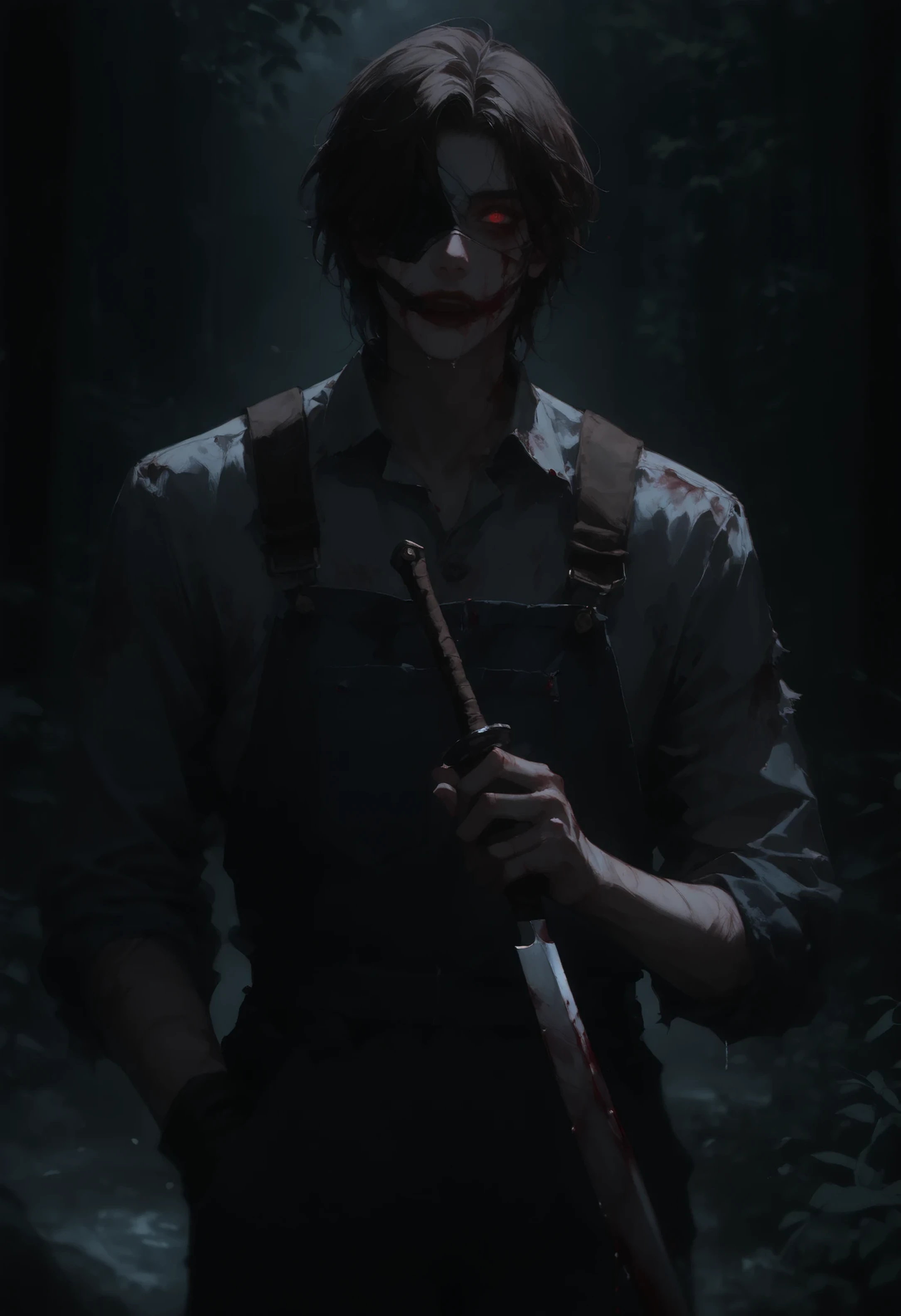 Close-up portrait, 1 man, solo, 24-35 years old, standing in a dark, misty forest at night. His face is hidden behind a creepy homemade mask made of stitched animal hide and cracked porcelain doll pieces, revealing only cold, dull gray eyes that don’t blink. Long dark brown hair, falls messily over the mask. Pale, sickly skin with bruises, scratches, and burn scars shows through torn, dirty overalls and a blood-stained shirt too small for him. He holds a rusty machete loosely in one hand. His posture is eerie—tilting his head like a confused animal, standing silently with a quiet, unnatural gait. The scene is lit by faint moonlight, with damp wood and old metal scents in the air, a mix of floral perfume lingering faintly. Cinematic, horror vibe.
